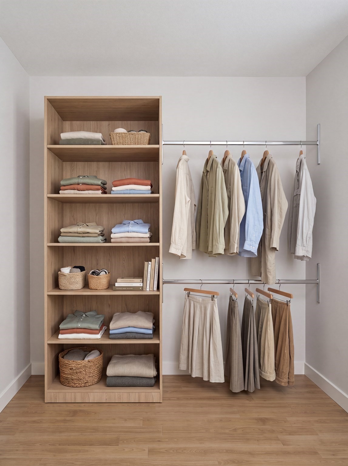 Walk-in closet with light wood shelves, folded clothes, woven baskets, and hanging garments.