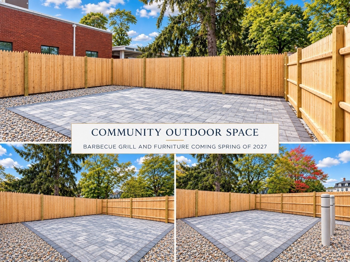 Community patio with gray pavers, gravel borders, and a tall wooden privacy fence.