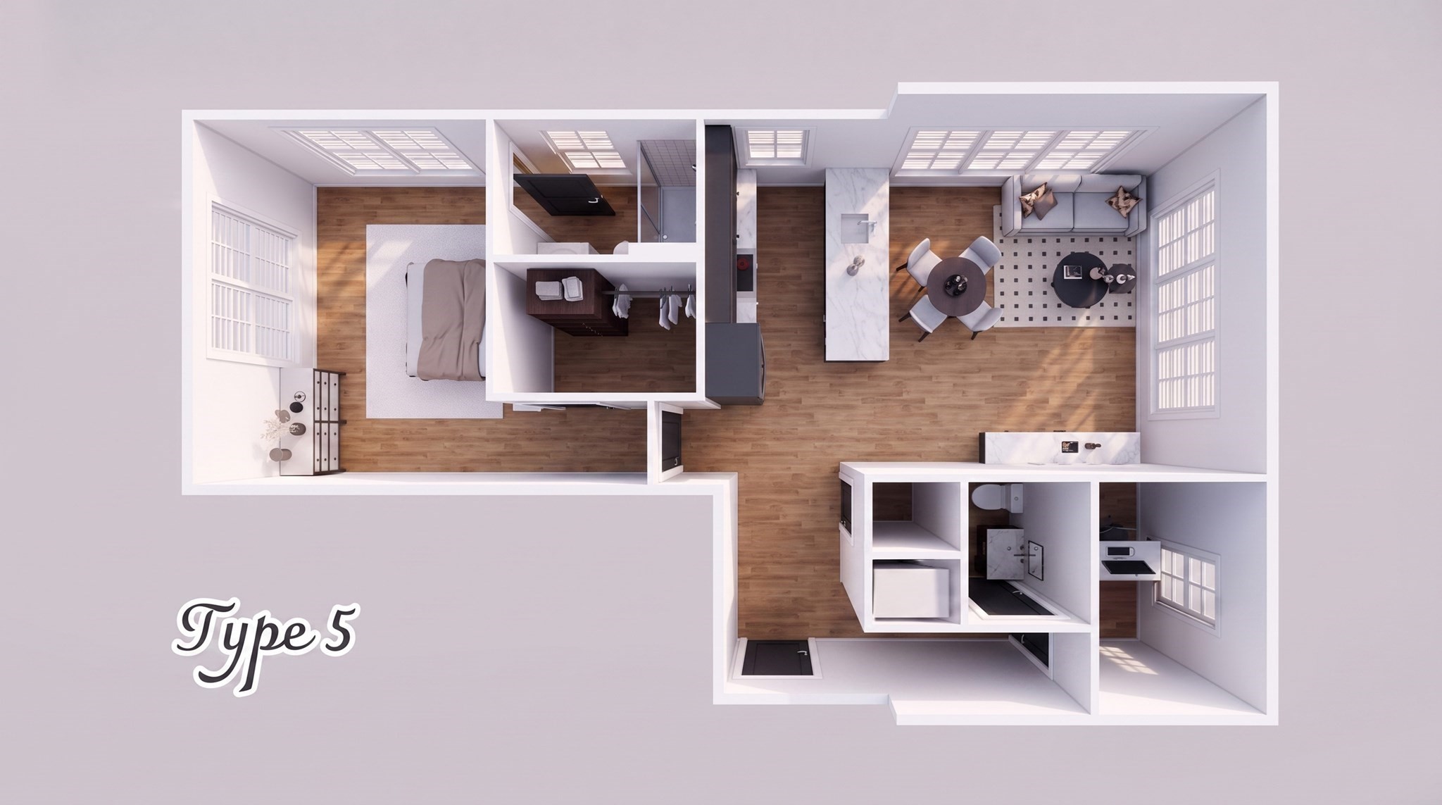 Type 5 apartment floor plan with a bedroom, kitchen, bathroom, and open living and dining areas.