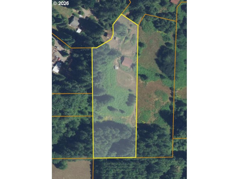 Aerial view of a wooded parcel outlined in yellow, with grassy clearings and small structures.