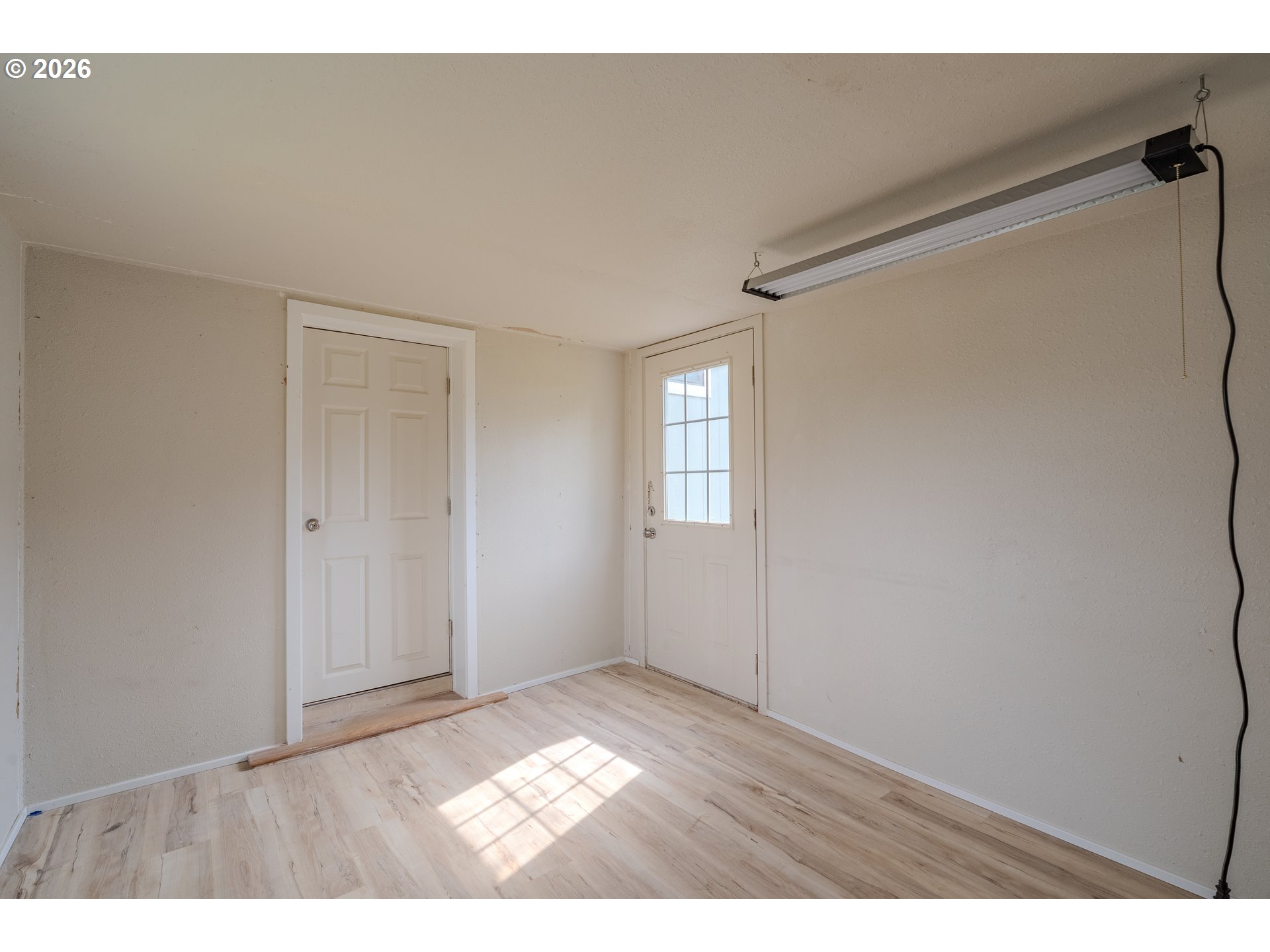 Empty room with pale wood-look flooring, two white doors, and a suspended fluorescent light.