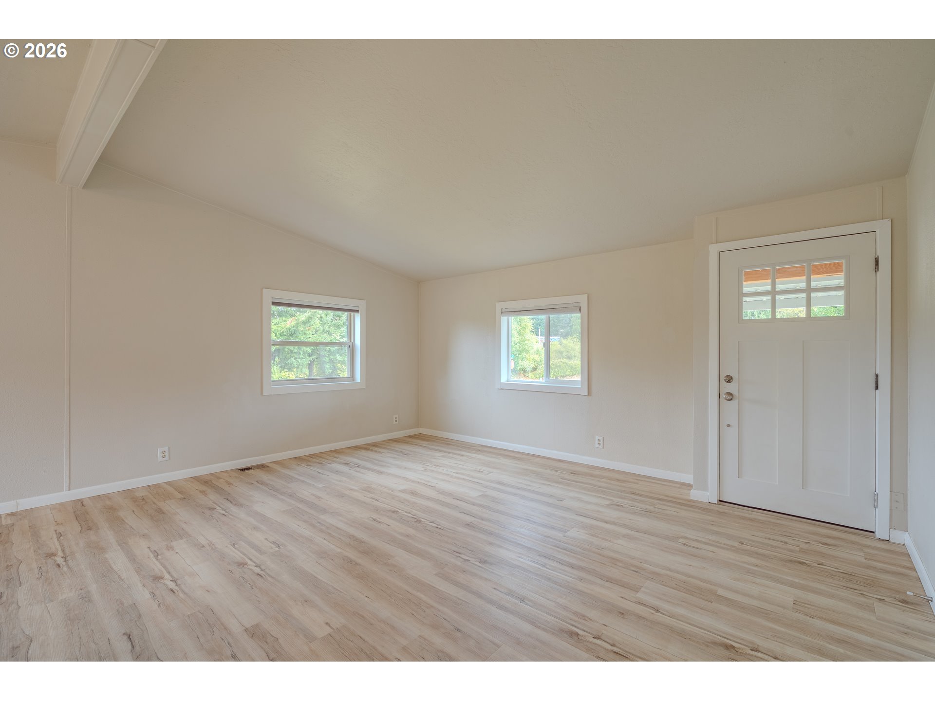 Vacant room with light wood-look floors, two windows, and a white exterior door.