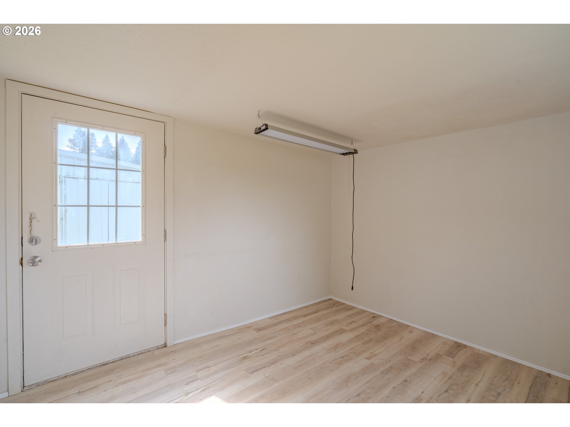 Empty room with light wood-look flooring, a windowed door, and a suspended fluorescent light.