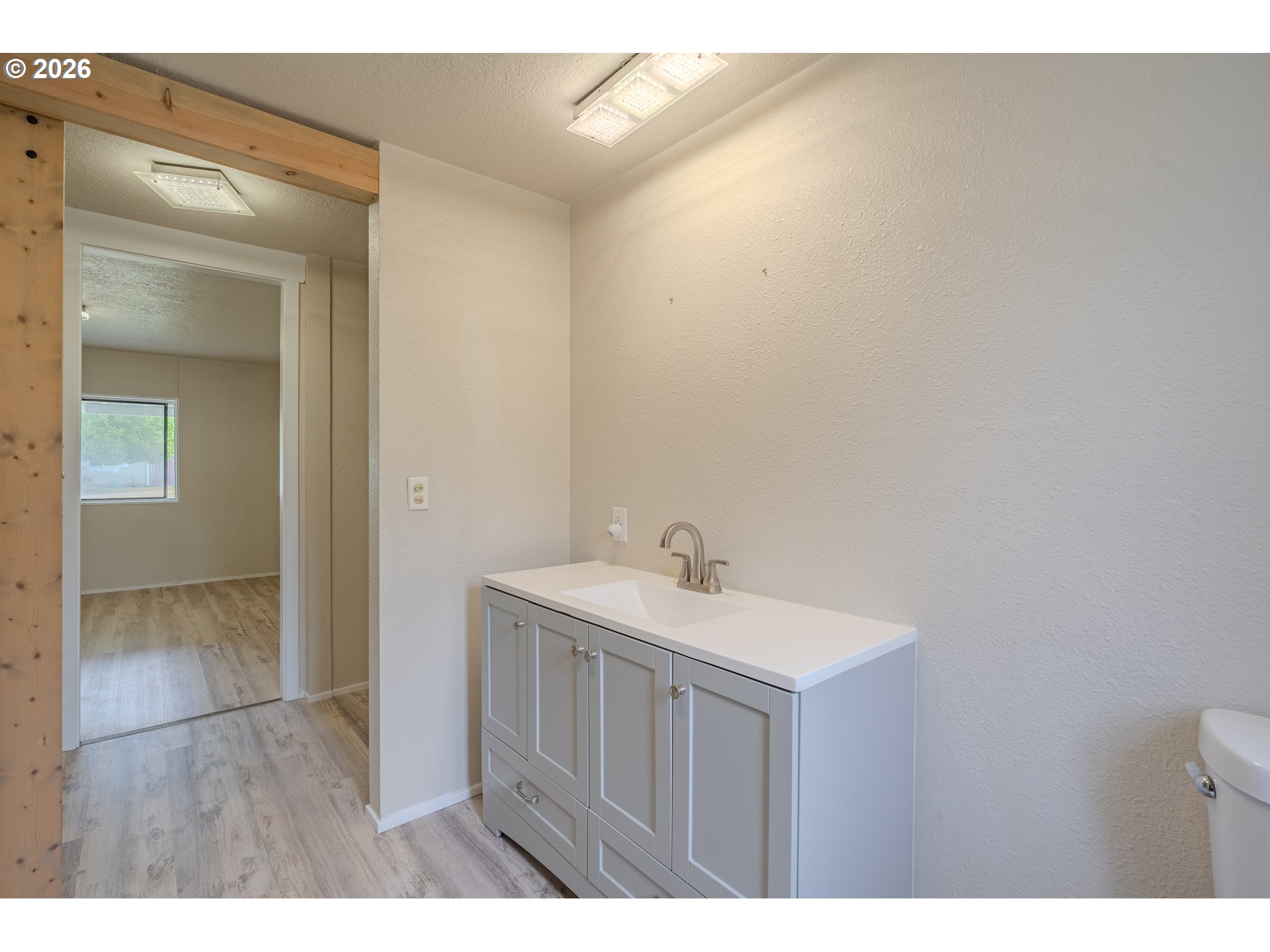 Bathroom with a gray vanity and white countertop, open doorway, and wood-look flooring.