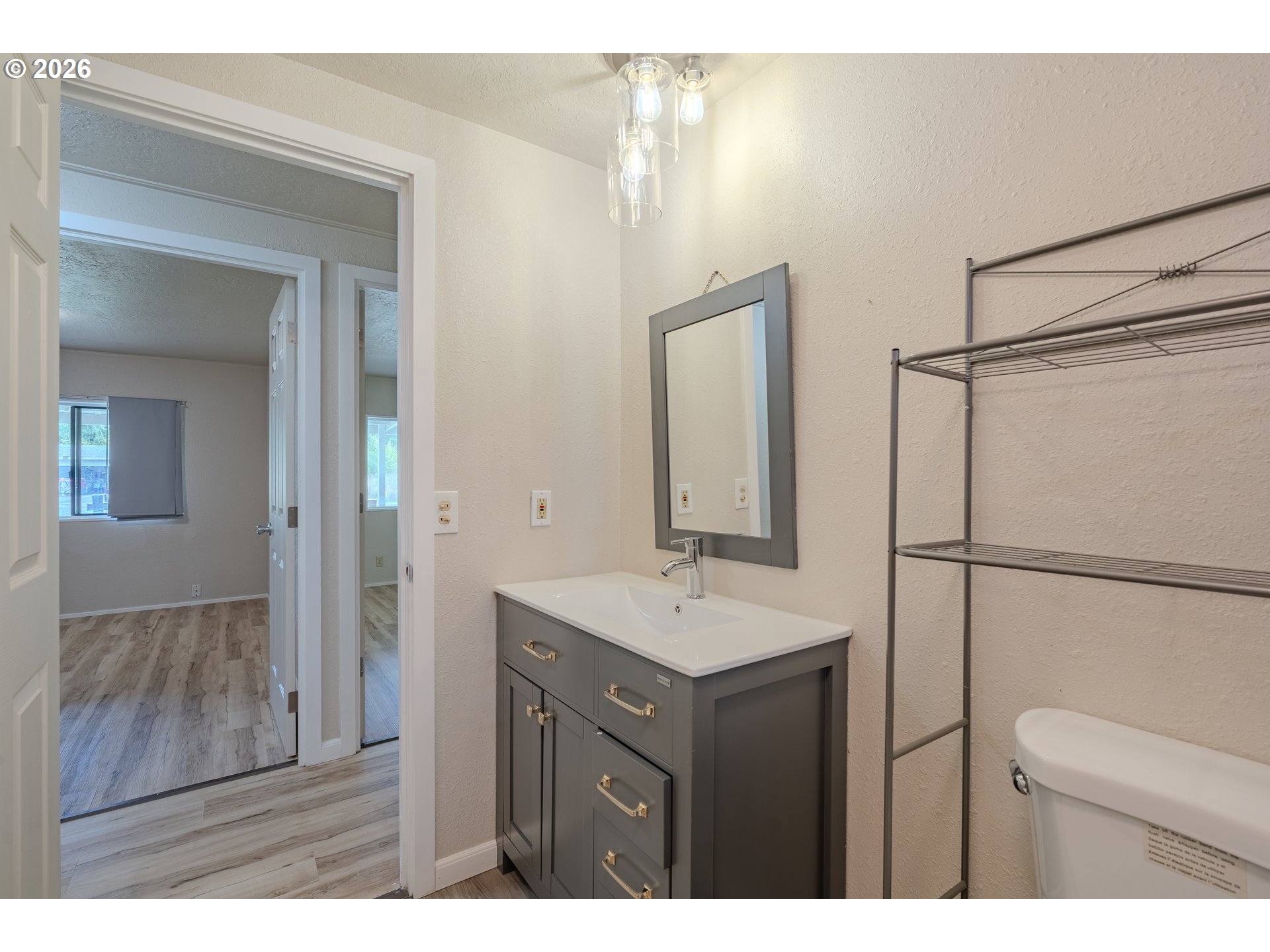Bathroom with a gray vanity and white sink, mirror, metal shelving, and toilet.