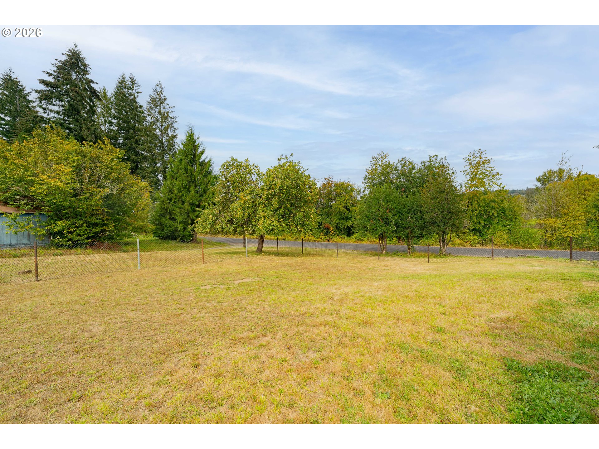Fenced grassy yard with mature trees and a road beyond.