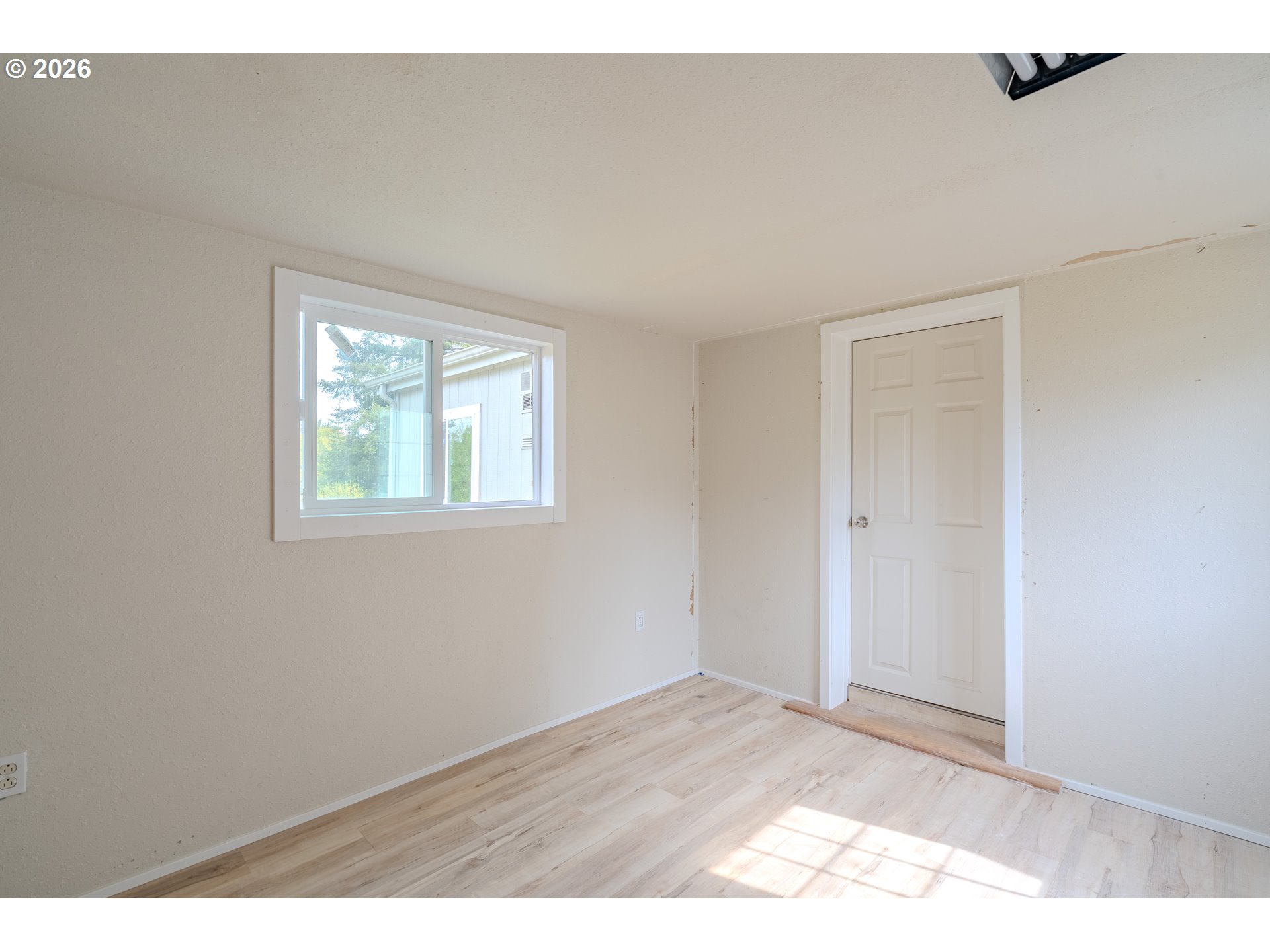 Empty room with light wood-look flooring, a window, and a white paneled door.