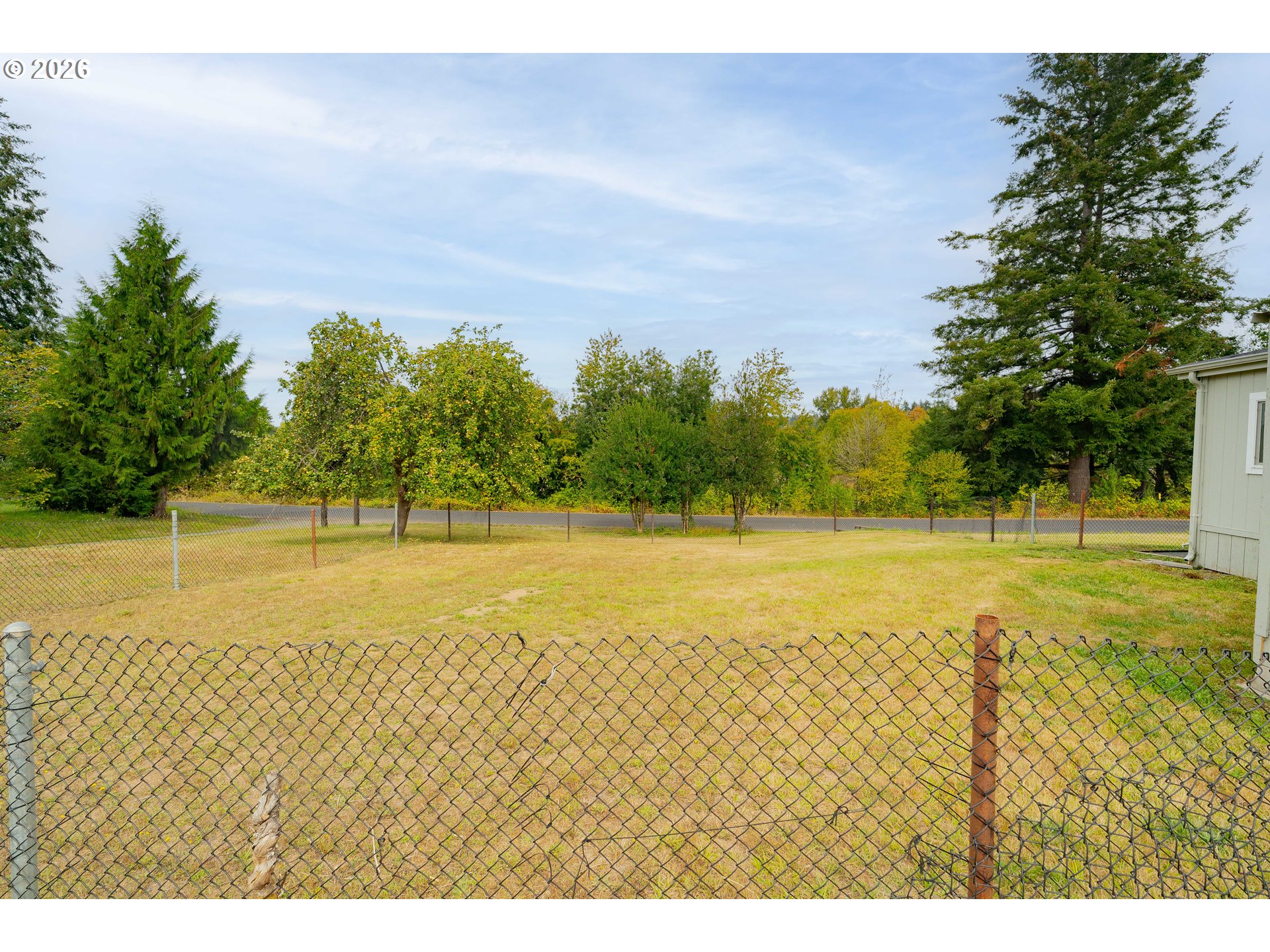 Fenced backyard with a broad lawn, mature trees, and a road beyond the rear fence.