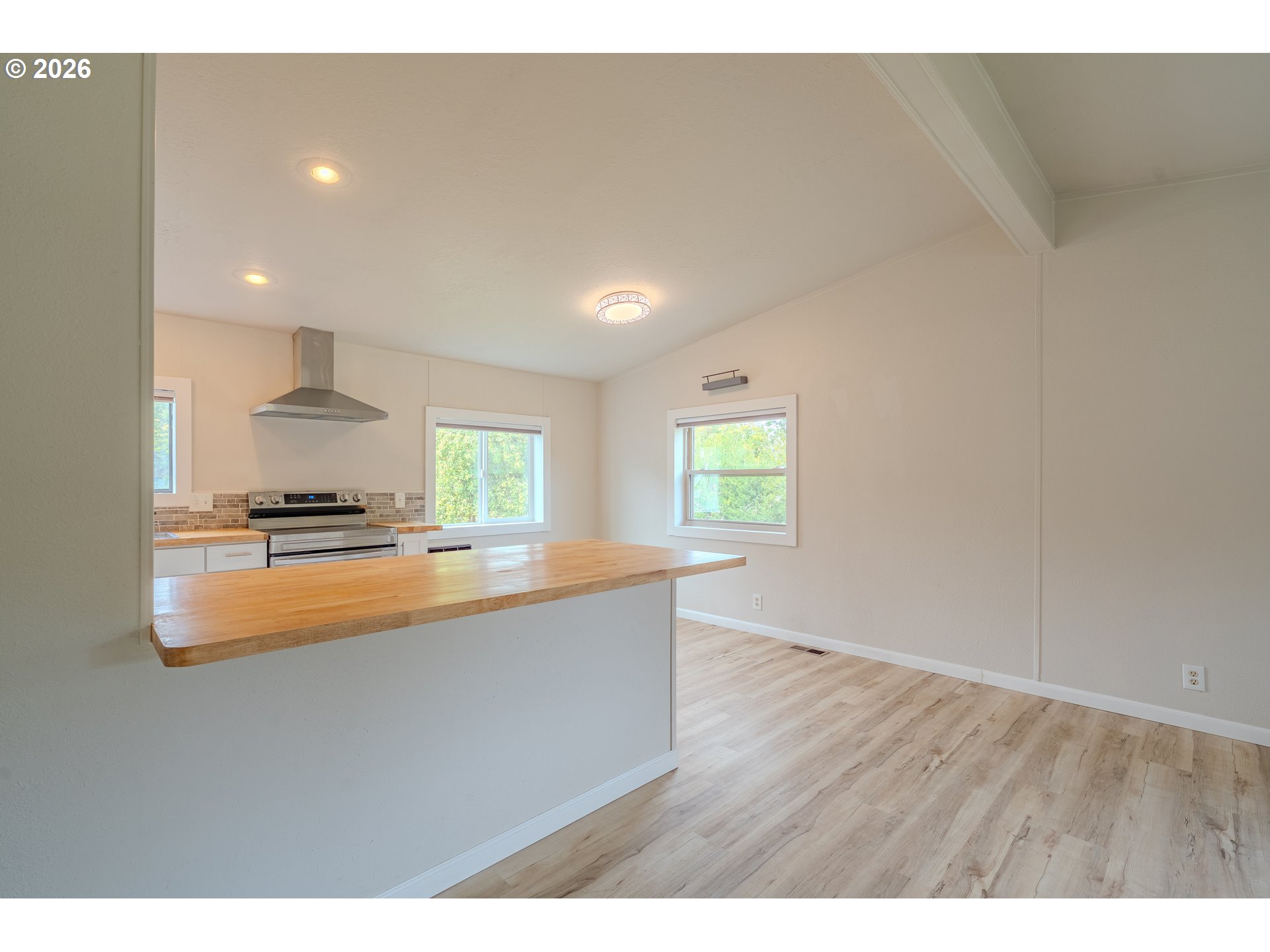 Vacant kitchen with stainless range and hood, broad butcher-block counter, and pale wood-look flooring.