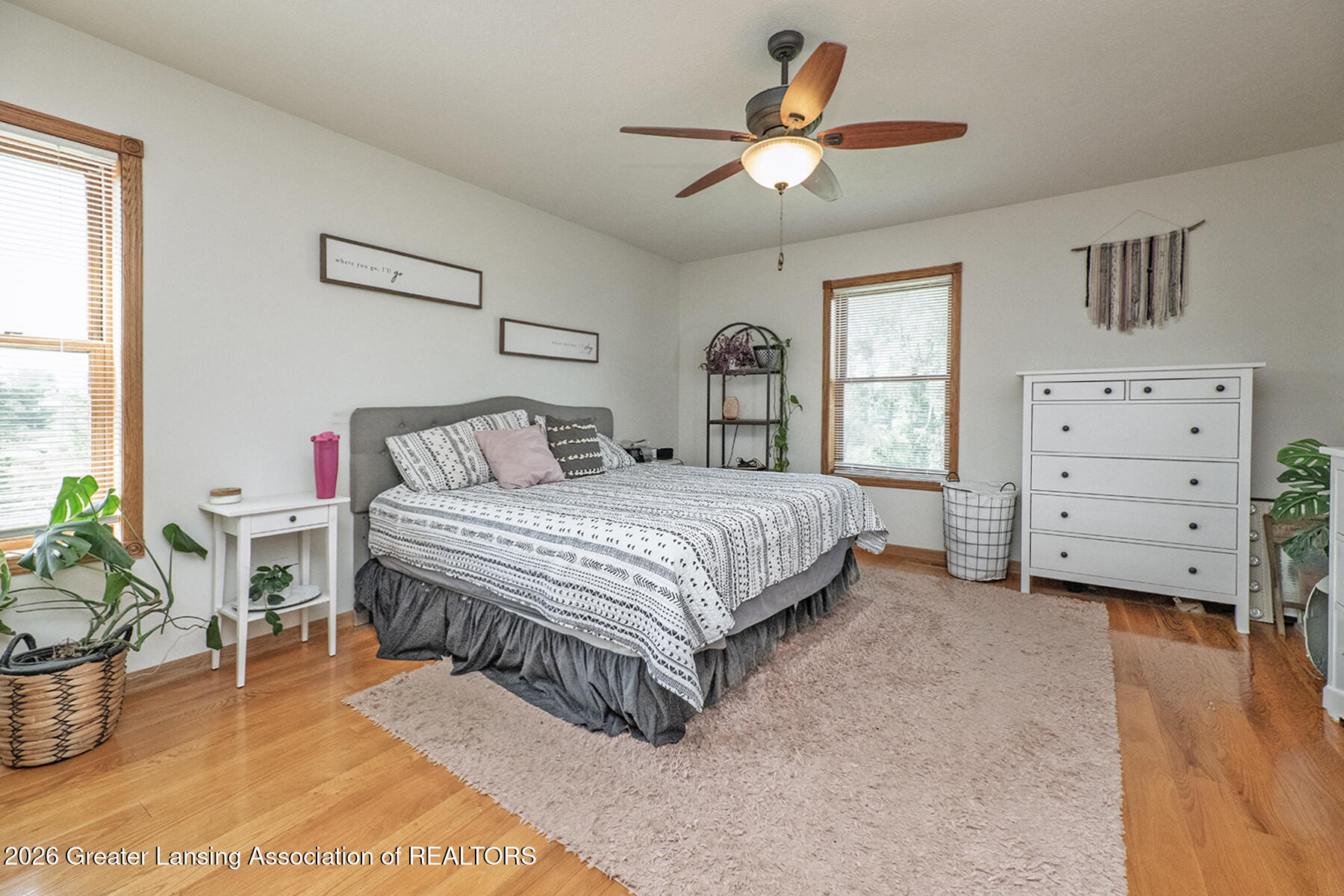 Bedroom with patterned bedding, wood floors, two bright windows, and a white chest of drawers.