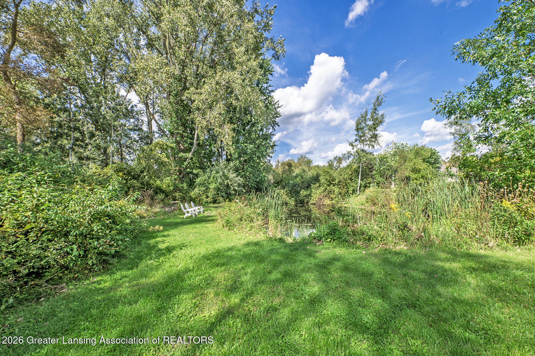 Wooded backyard pond bordered by reeds, with a lawn and two white chairs.