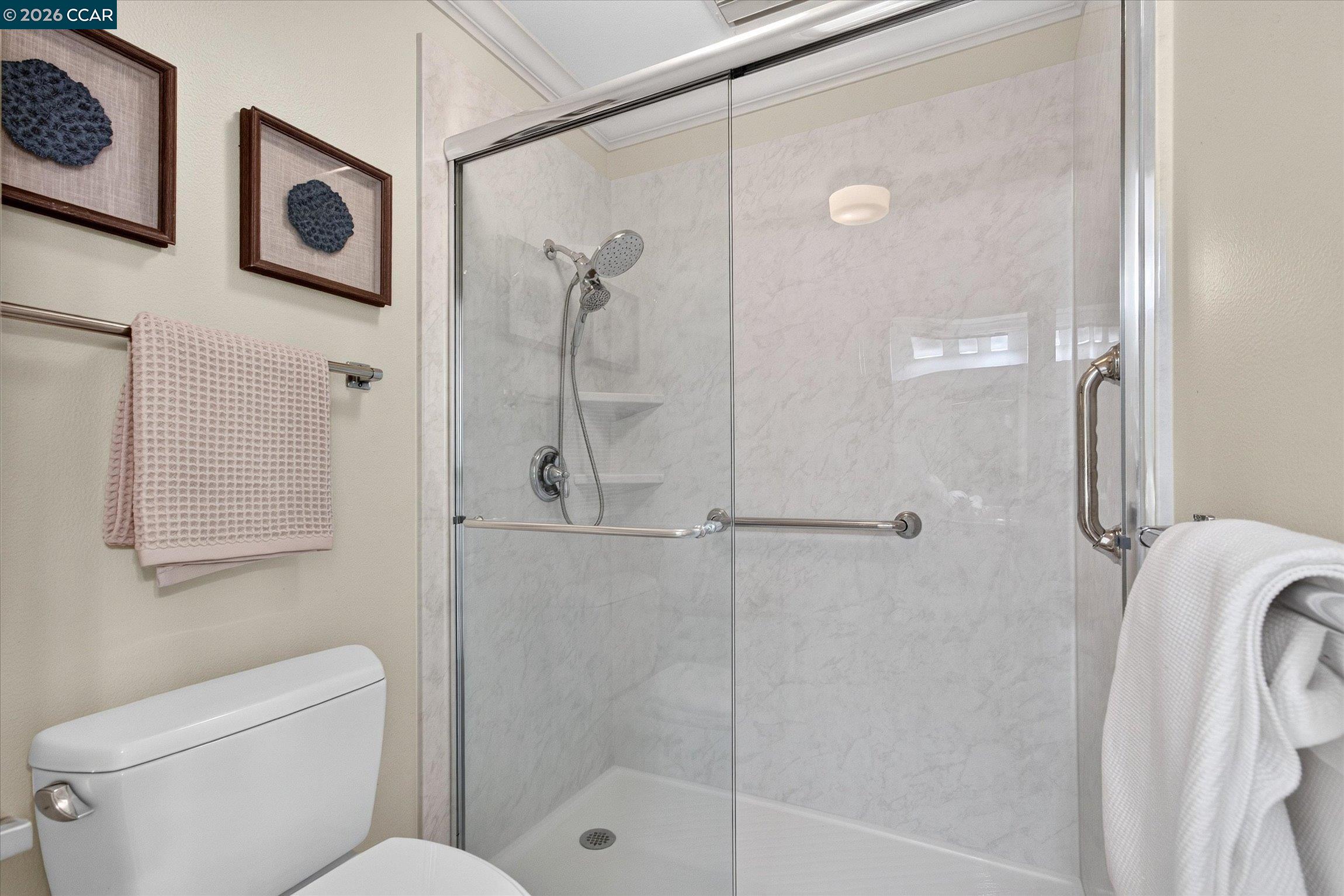 Bathroom with a marble-look walk-in shower, glass enclosure, and grab bar beside the toilet.