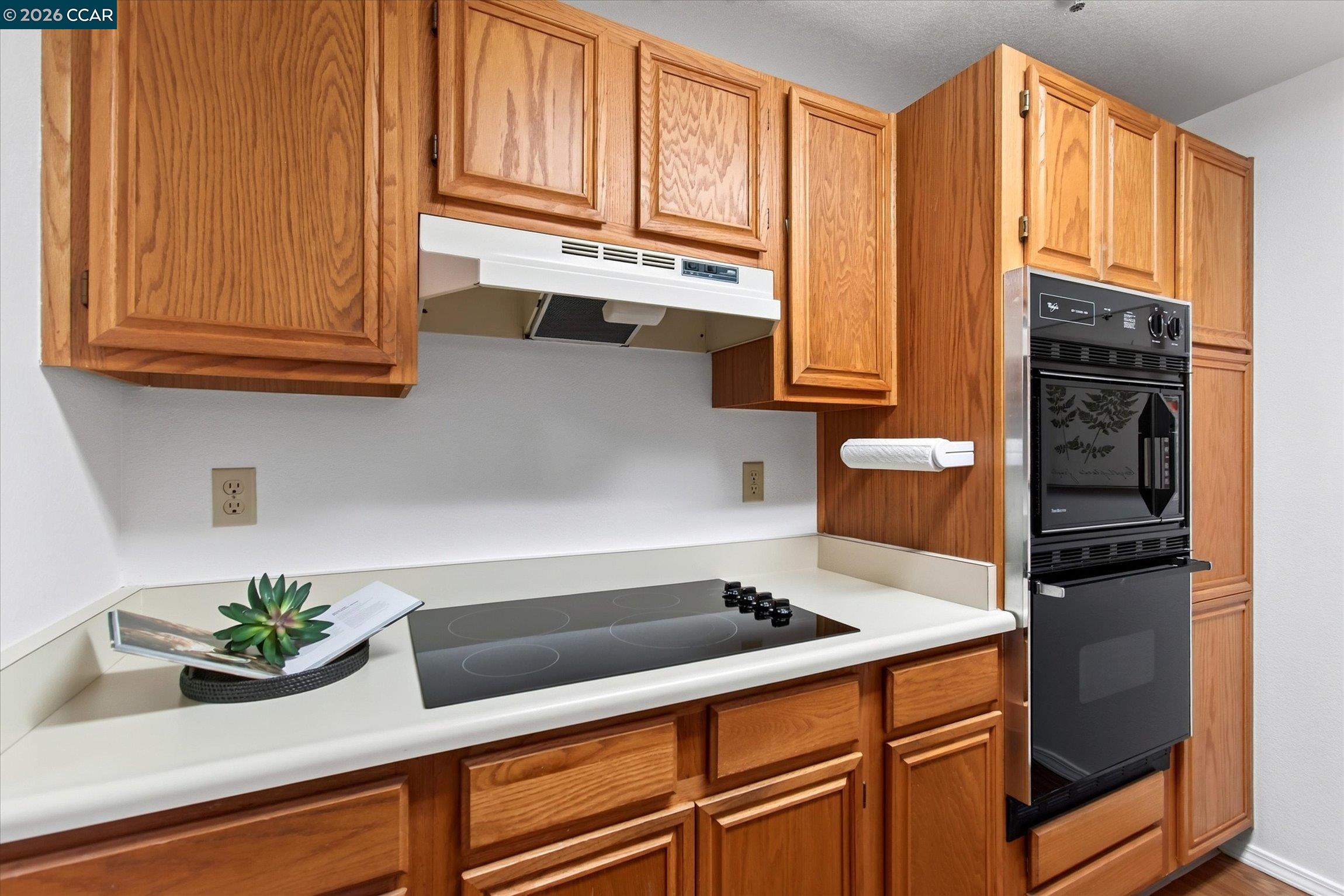 Kitchen with wood cabinetry, a black cooktop, and a built-in wall oven.