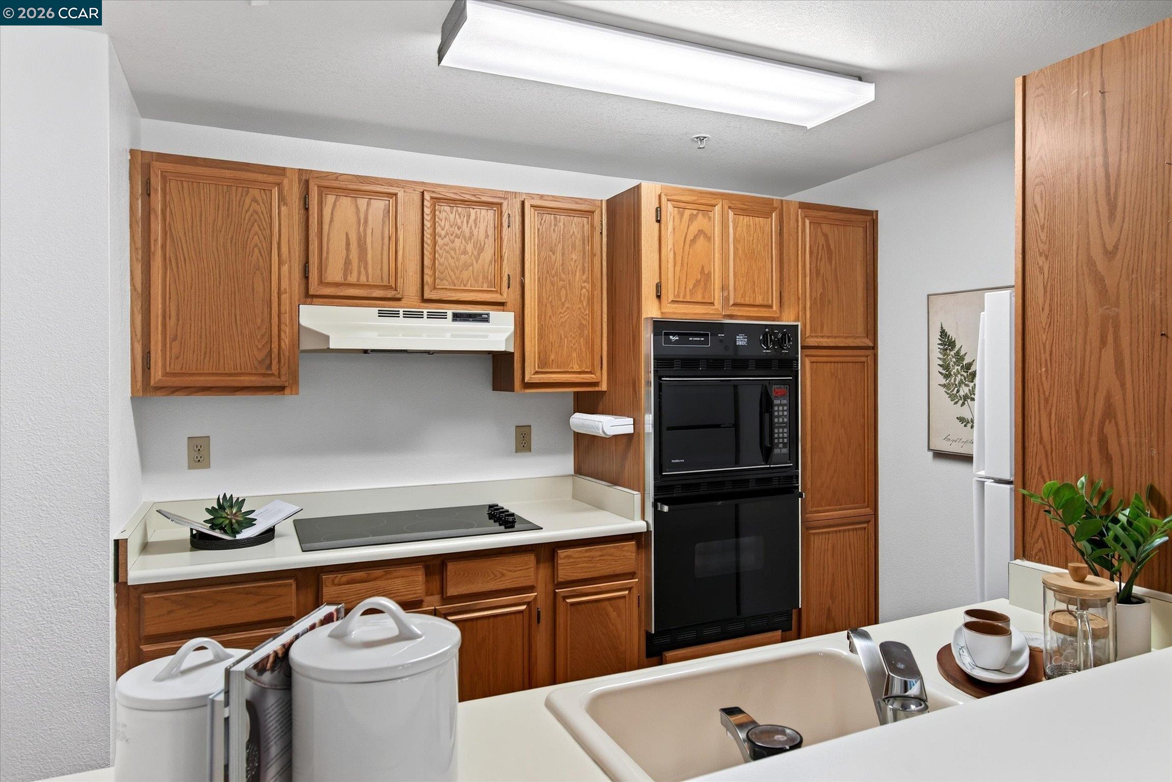 Kitchen with wood cabinets, black built-in oven, electric cooktop, and foreground sink.
