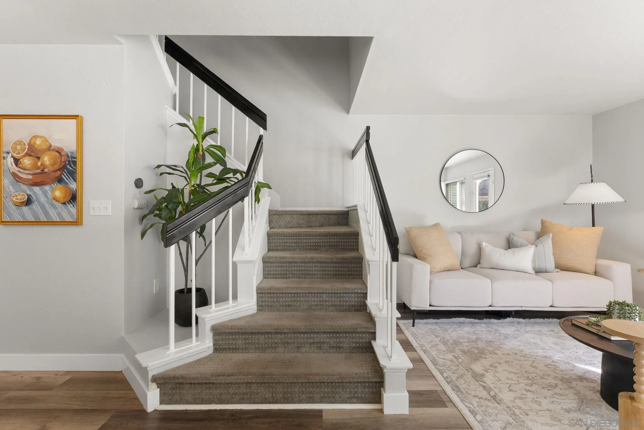 Living room with a carpeted staircase beside a white sofa and potted plant.