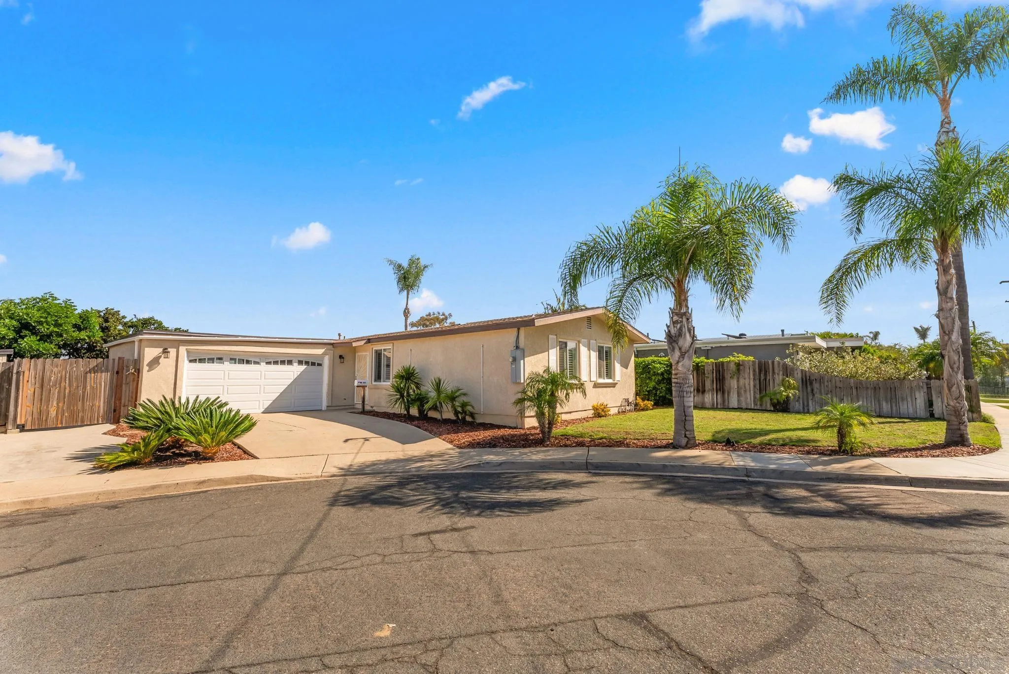 Single-story beige home with a double garage, palm trees, and landscaped front yard.