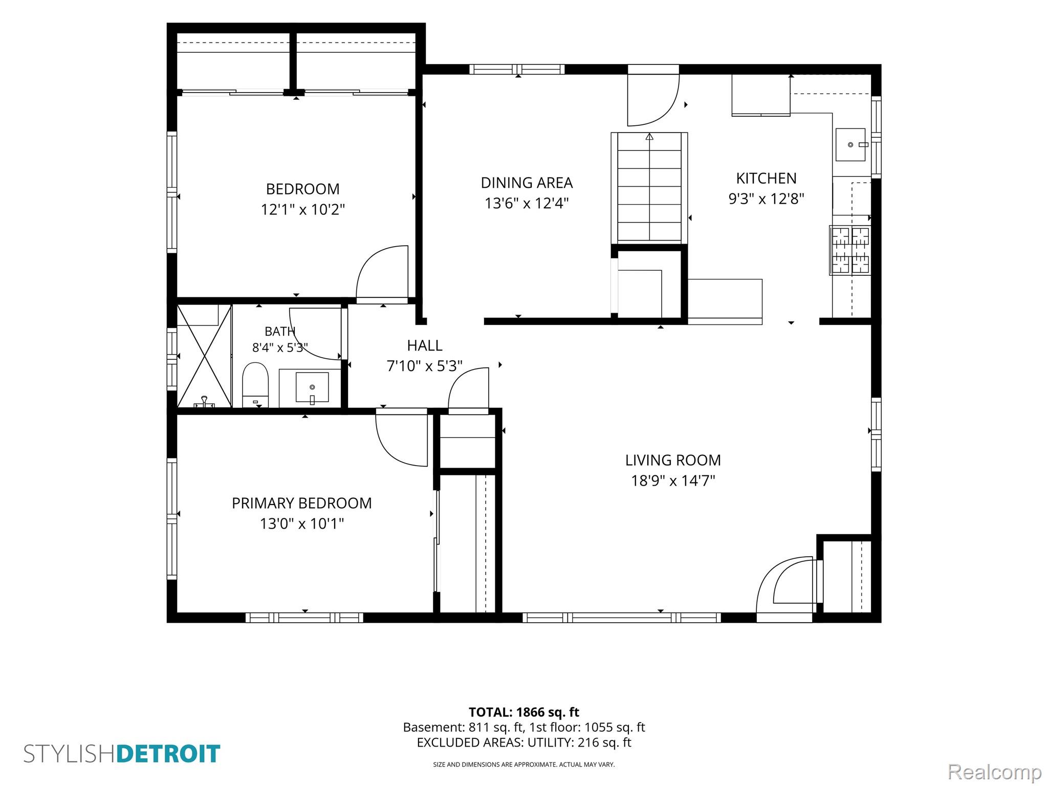 Floor plan showing two bedrooms, a bathroom, dining area, kitchen, and living room with room dimensions.