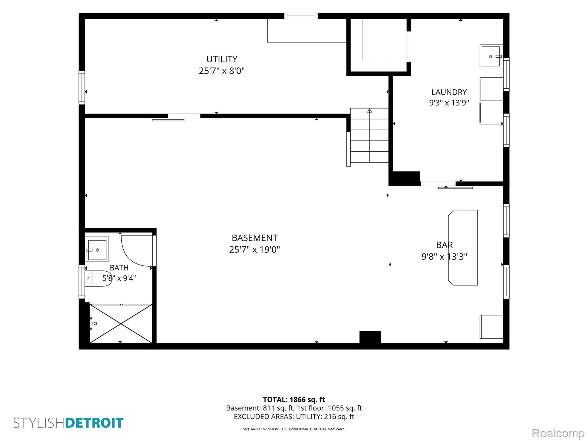 Basement floor plan with utility and laundry rooms, a bathroom, bar, and room dimensions.