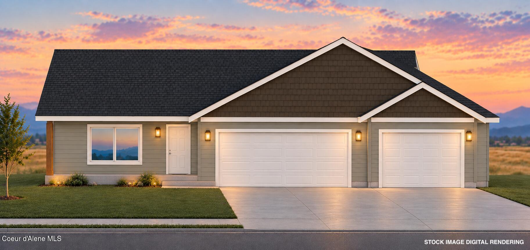 Rendered gray house with two white garage doors beneath a pink-orange sunset sky.