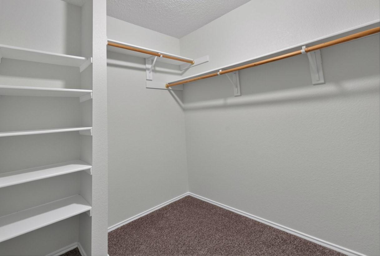 Walk-in closet with built-in shelves, wooden hanging rods, and brown carpet.