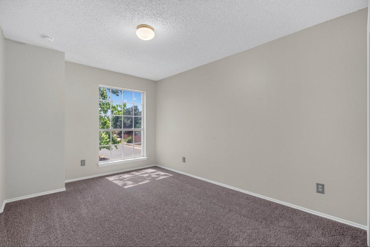 Empty carpeted room with a large grid-pane window and a flush-mount ceiling light.