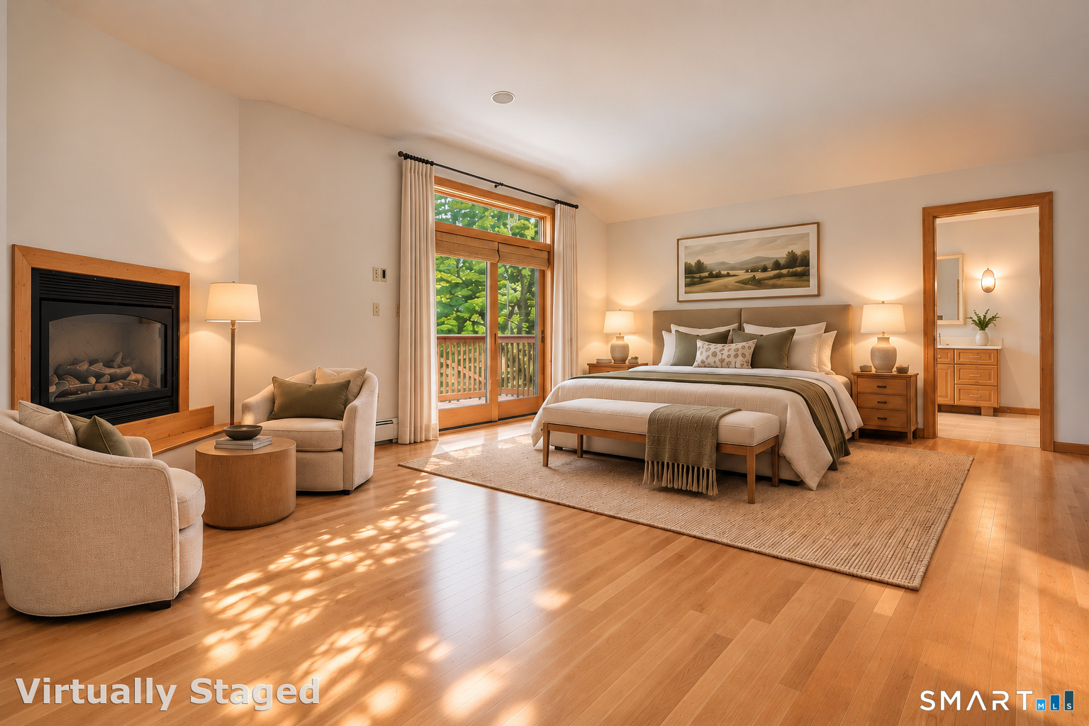 Virtually staged bedroom with a fireplace, king-size bed, and balcony doors opening to leafy trees.