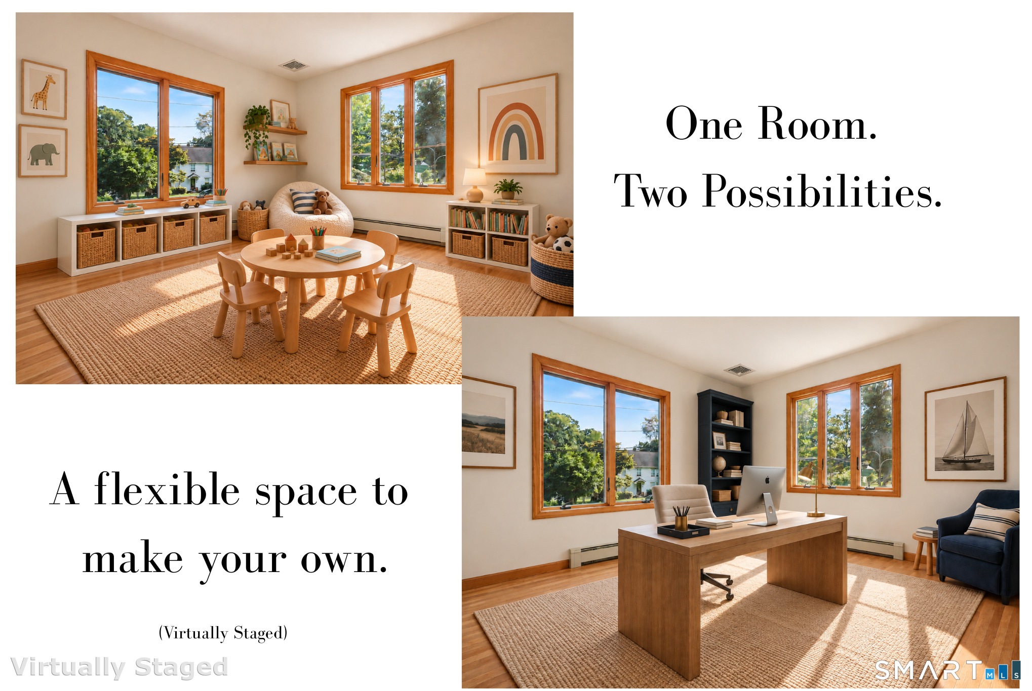 Flexible room virtually staged as a children’s playroom and a home office, with large windows and wood floors.