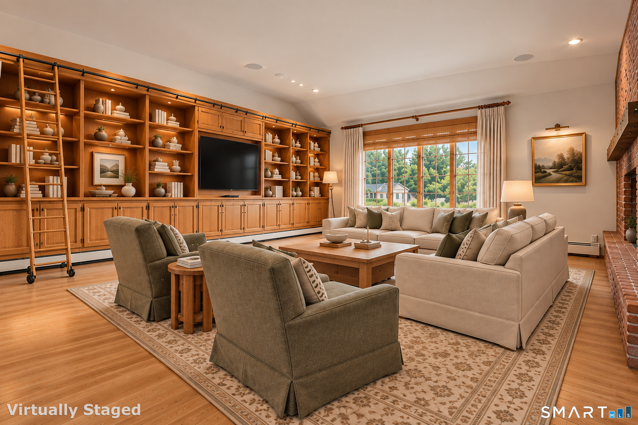 Living room with built-in wood shelving, a library ladder, brick fireplace, and staged seating.