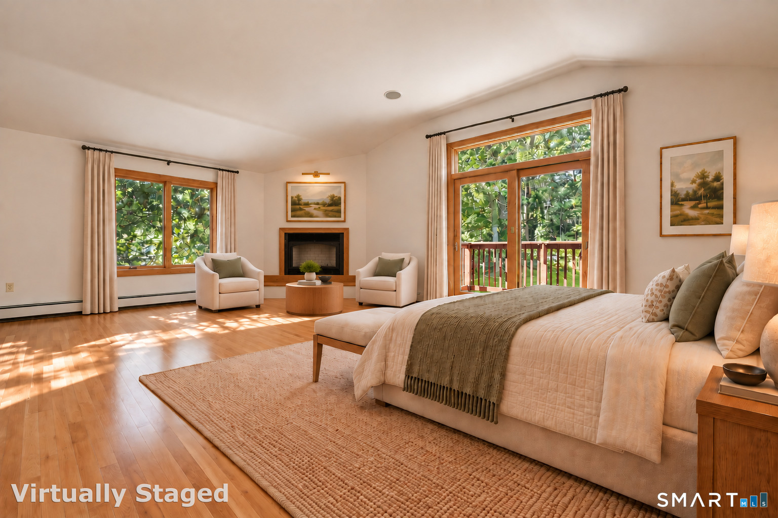 Virtually staged bedroom with a fireplace, two armchairs, and wood-framed doors overlooking greenery.
