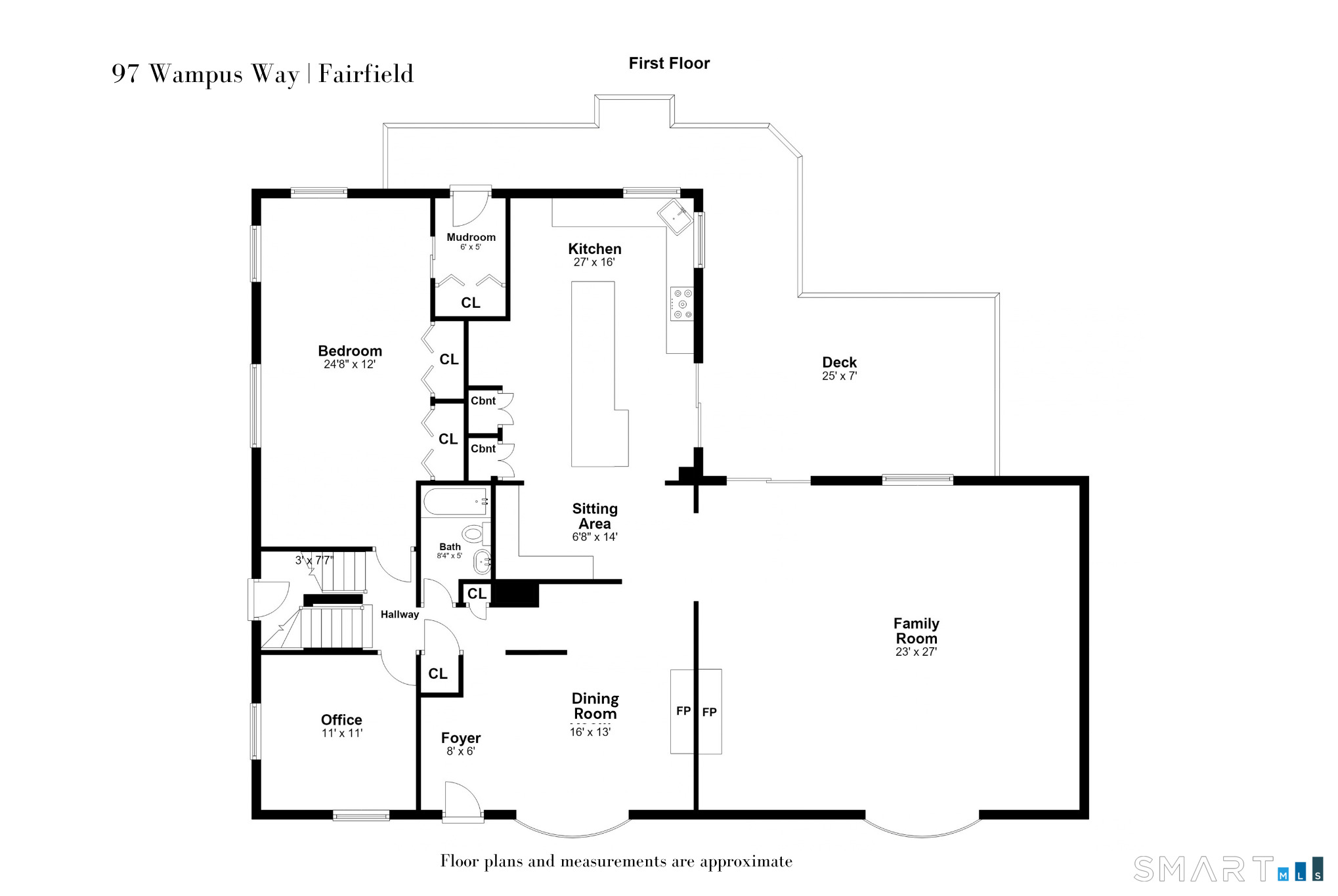 First-floor plan of 97 Wampus Way, with a large family room, kitchen, bedroom, office, and deck.