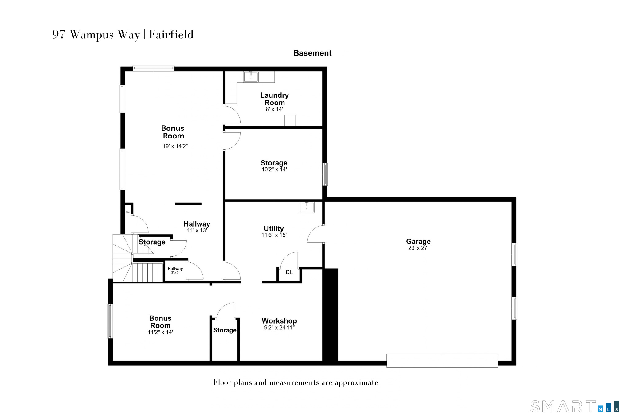 Basement floor plan showing bonus rooms, laundry, storage, workshop, and garage.