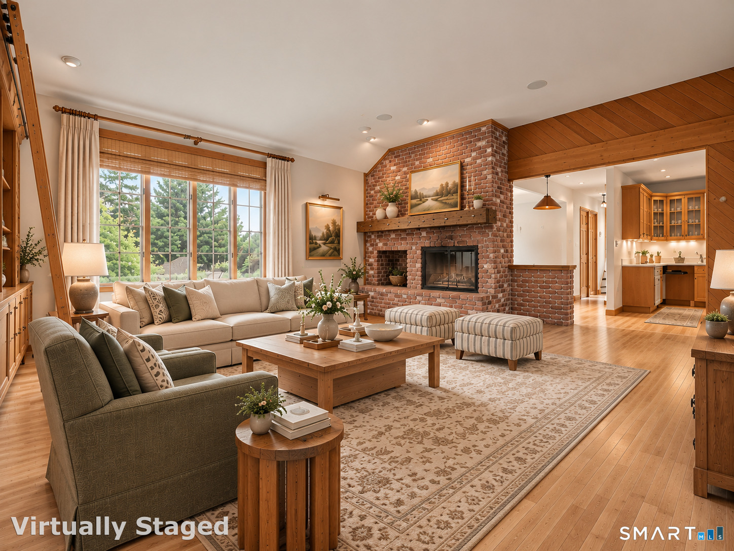 Virtually staged living room with brick fireplace, vaulted wood ceiling, and adjoining kitchen.