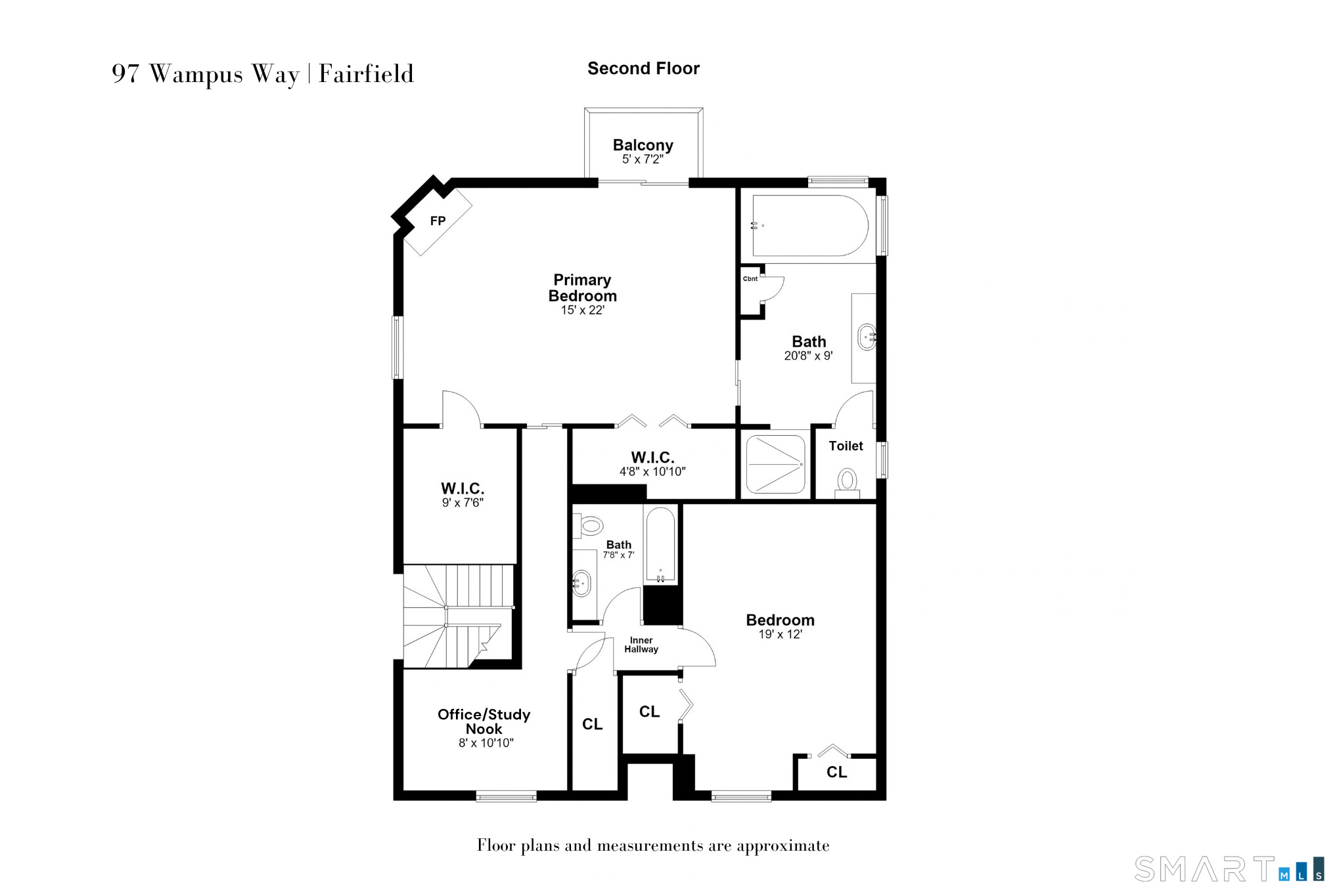 Second-floor floor plan showing a primary bedroom with fireplace and balcony, another bedroom, study nook, bathrooms, and closets.