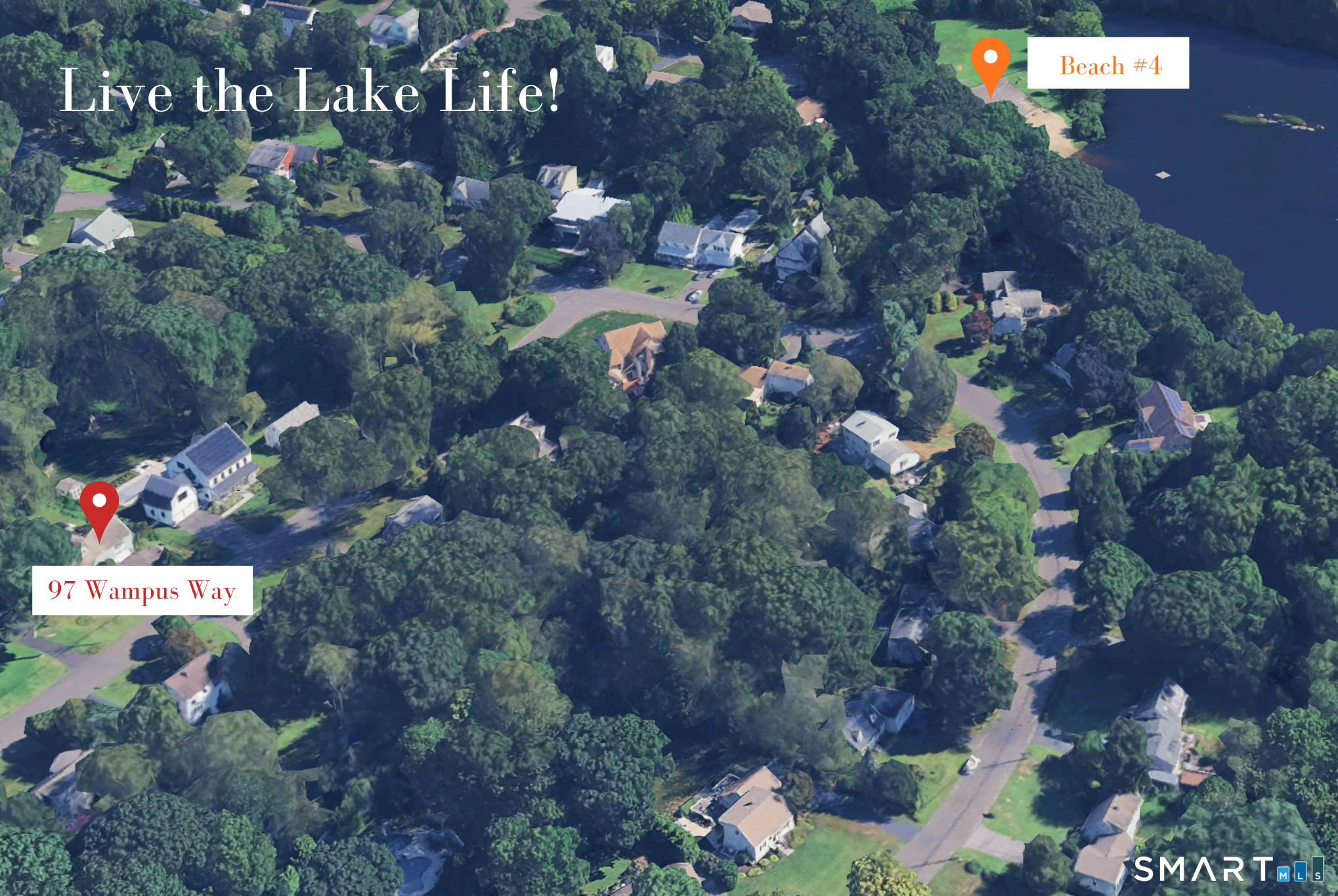 Aerial map marking 97 Wampus Way and nearby Beach #4.