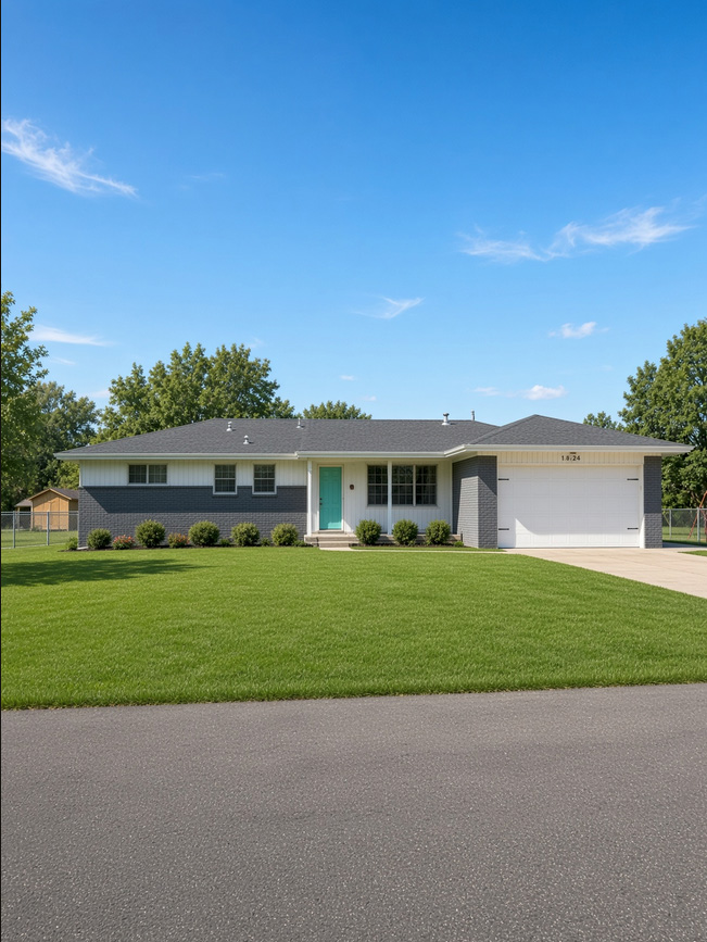 Gray brick ranch house with turquoise front door, attached garage, and broad green lawn.