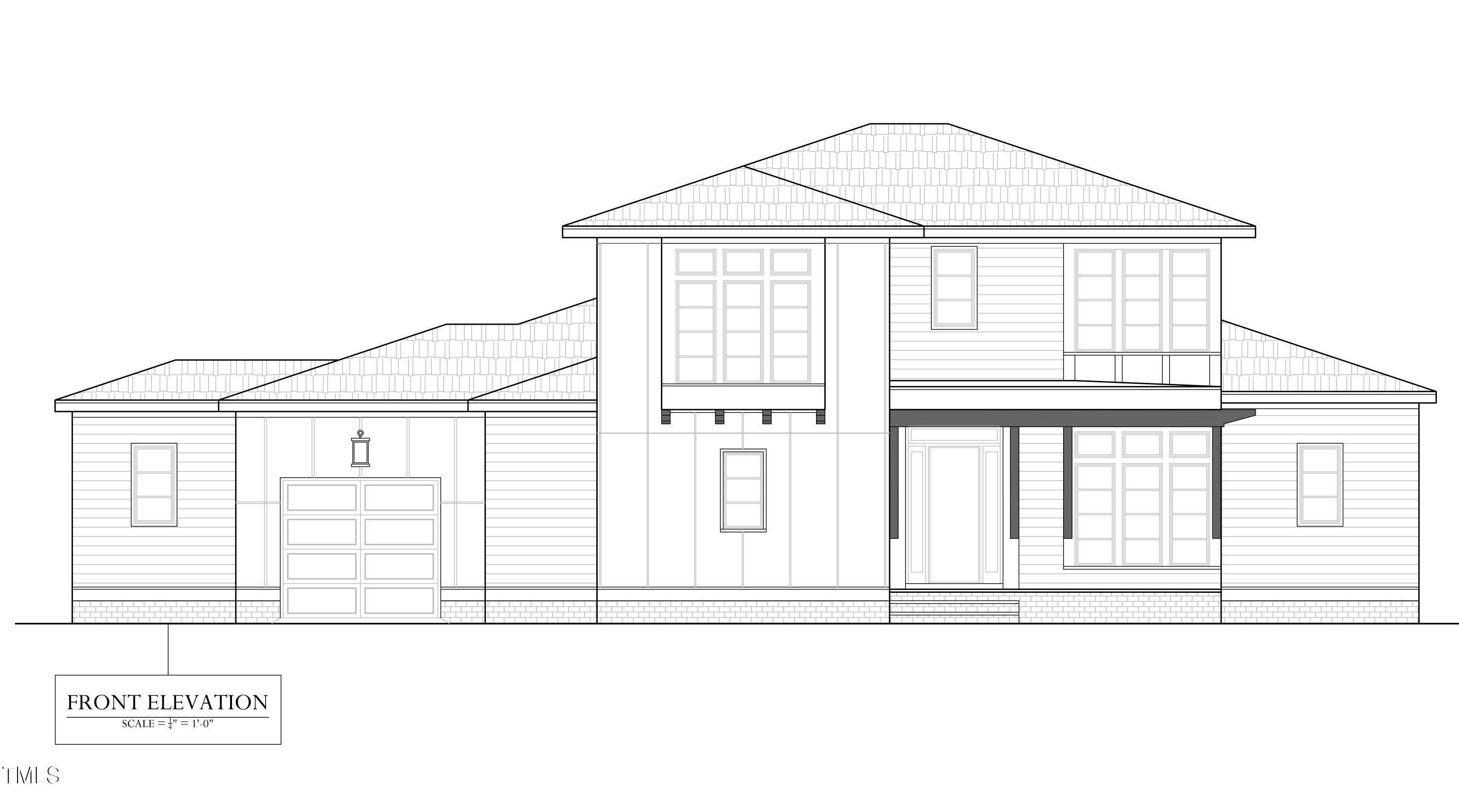 Architectural front elevation of a two-story house with an attached garage and wide hipped roofs.