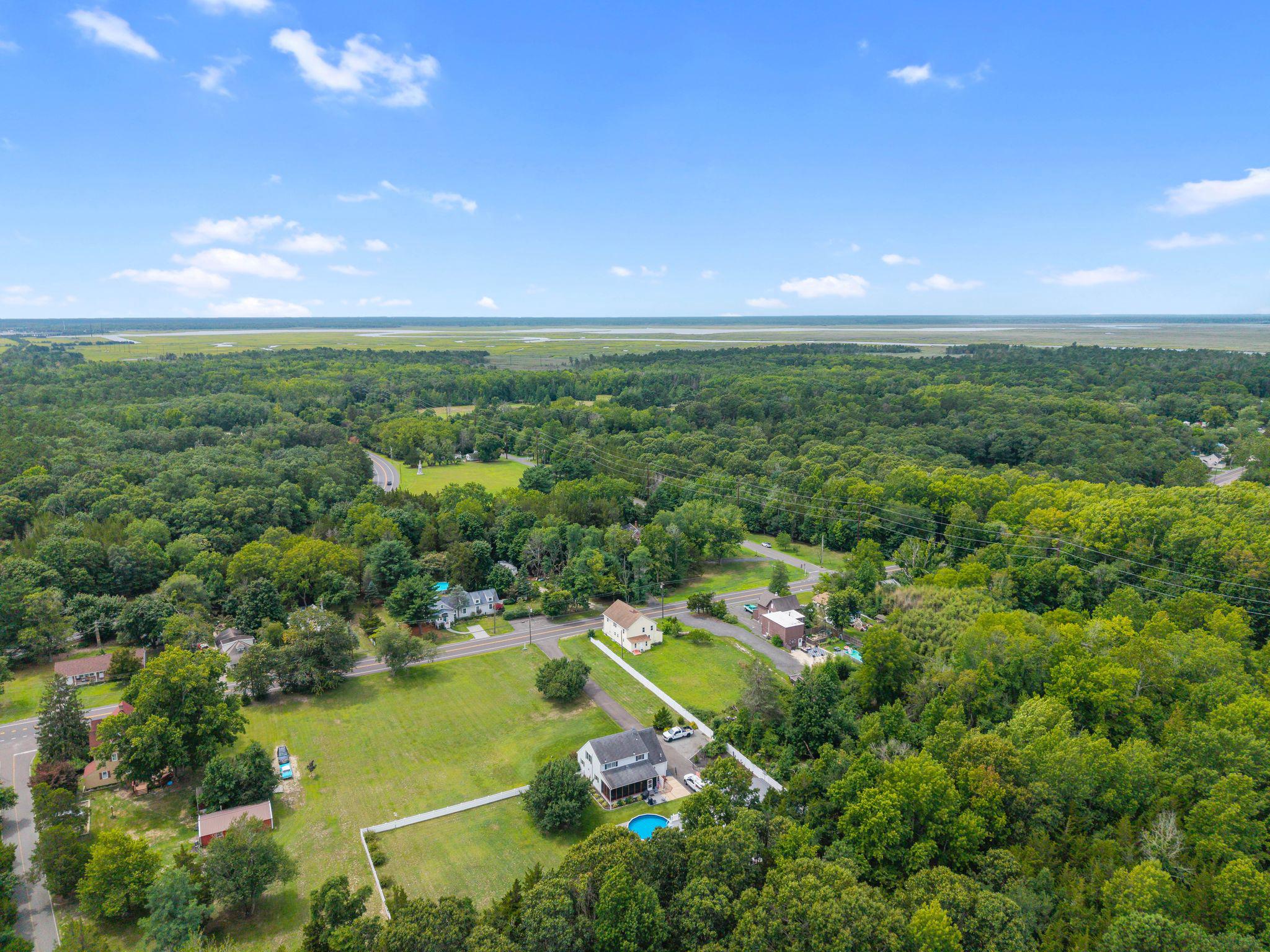 Aerial view of wooded land and homes beside a road, with a backyard pool and coastal marshland beyond.
