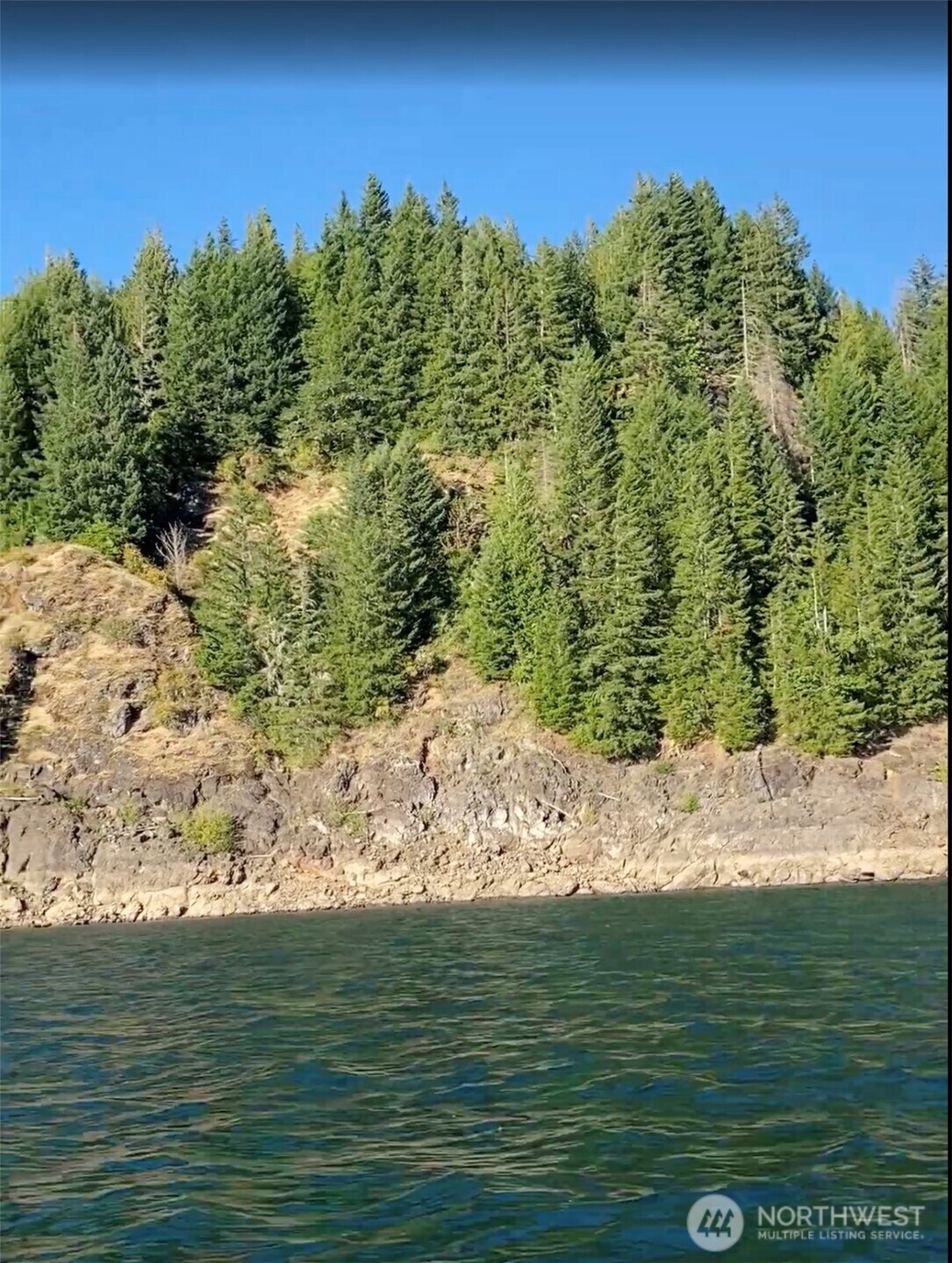 Waterfront shoreline with rocky banks, evergreen forest, and rippling water.