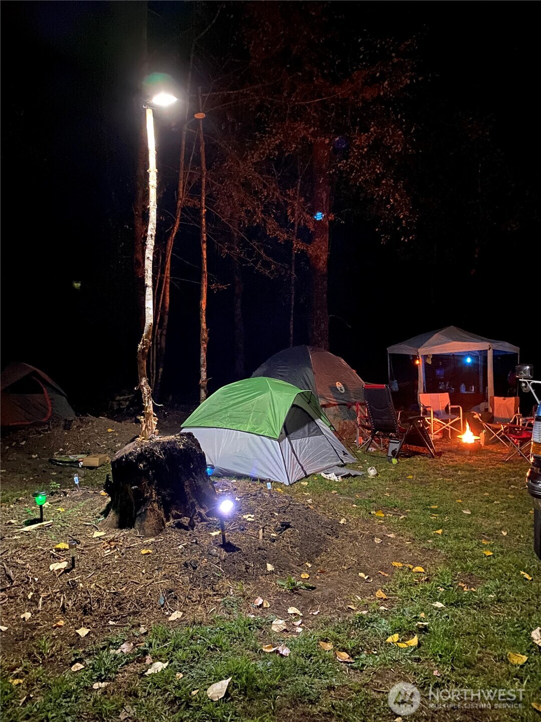 Wooded campsite at night with tents, a canopy, and a campfire.