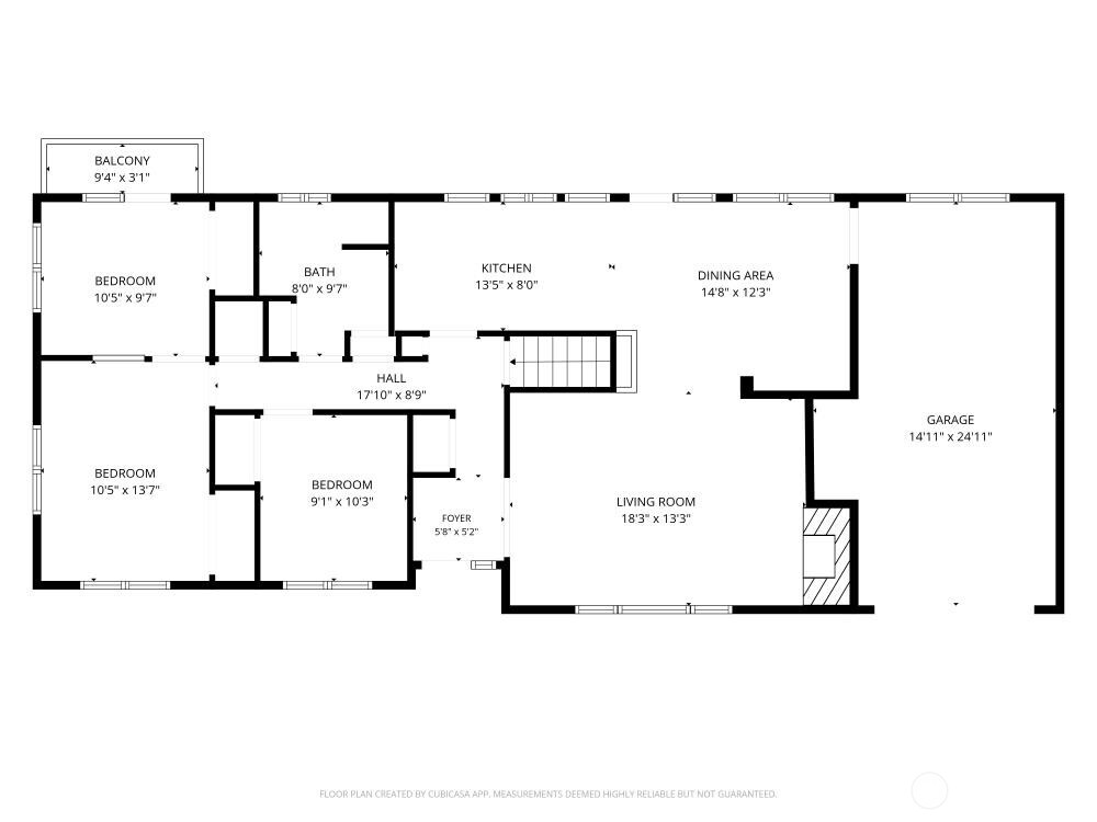Floor plan showing three bedrooms, kitchen, dining and living areas, garage, and balcony.