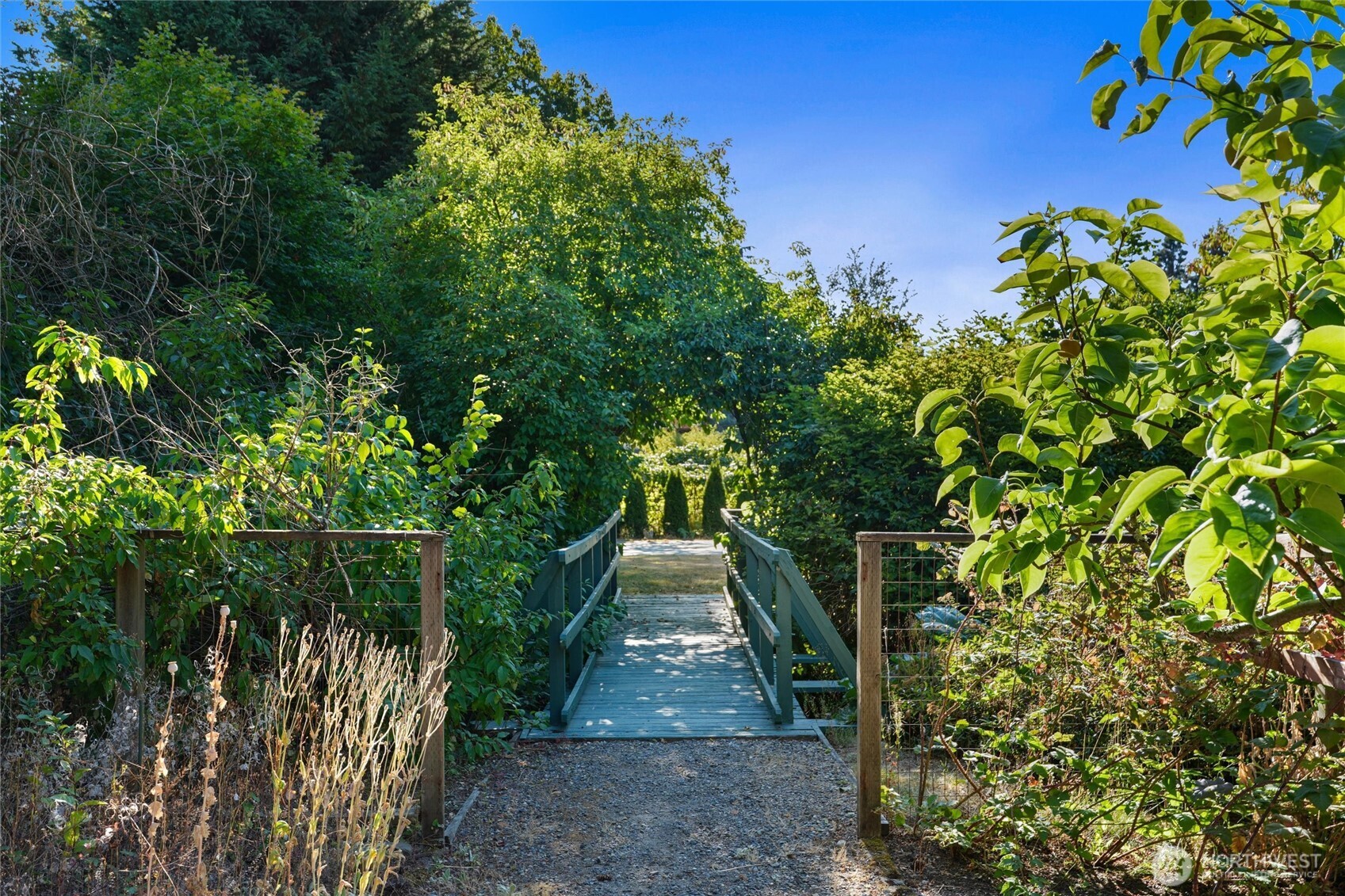 Wooden footbridge crosses a gravel path through dense garden greenery.
