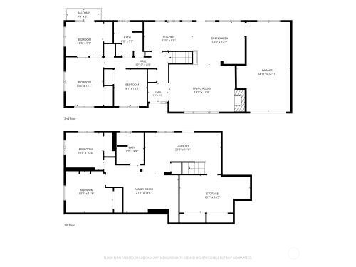 Two-level floor plan with bedrooms, living and family rooms, kitchen, garage, and storage.