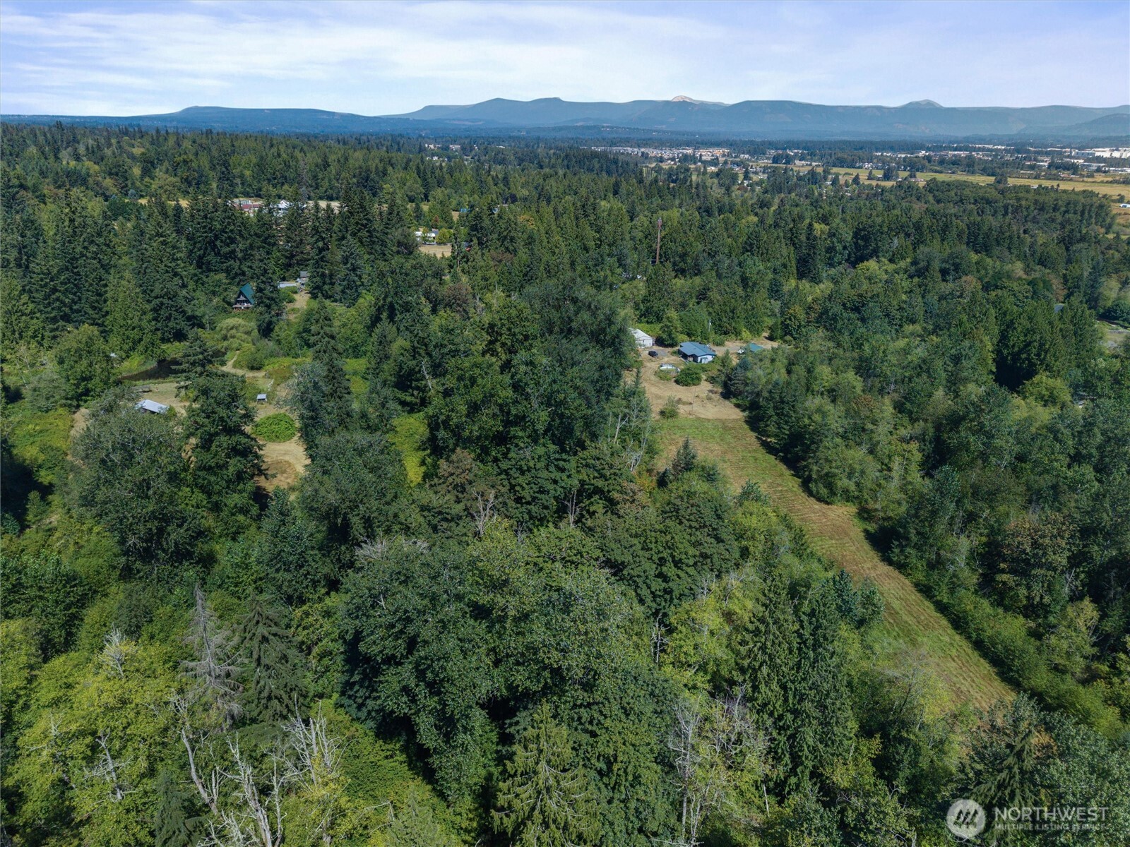 Aerial view over wooded land and clearings toward distant mountains.