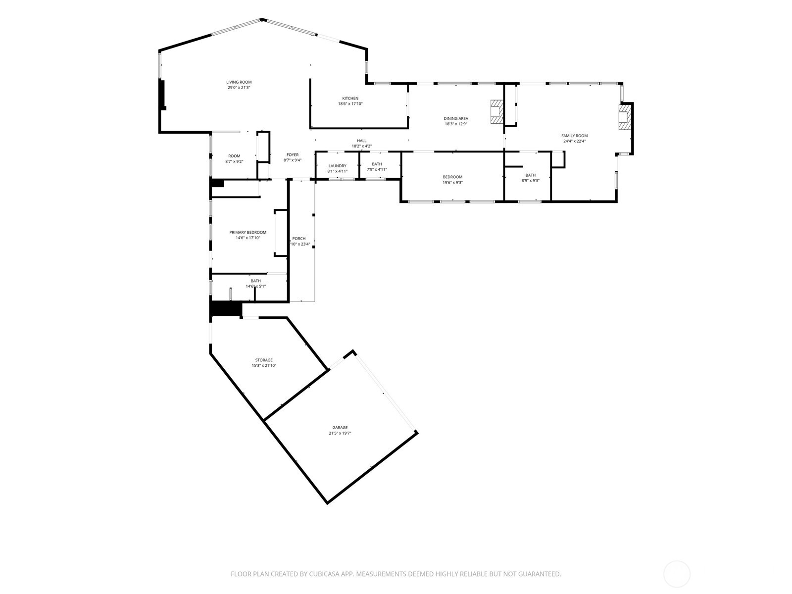 Floor plan with labeled rooms and dimensions, including a primary bedroom, family room, porch, storage, and garage.