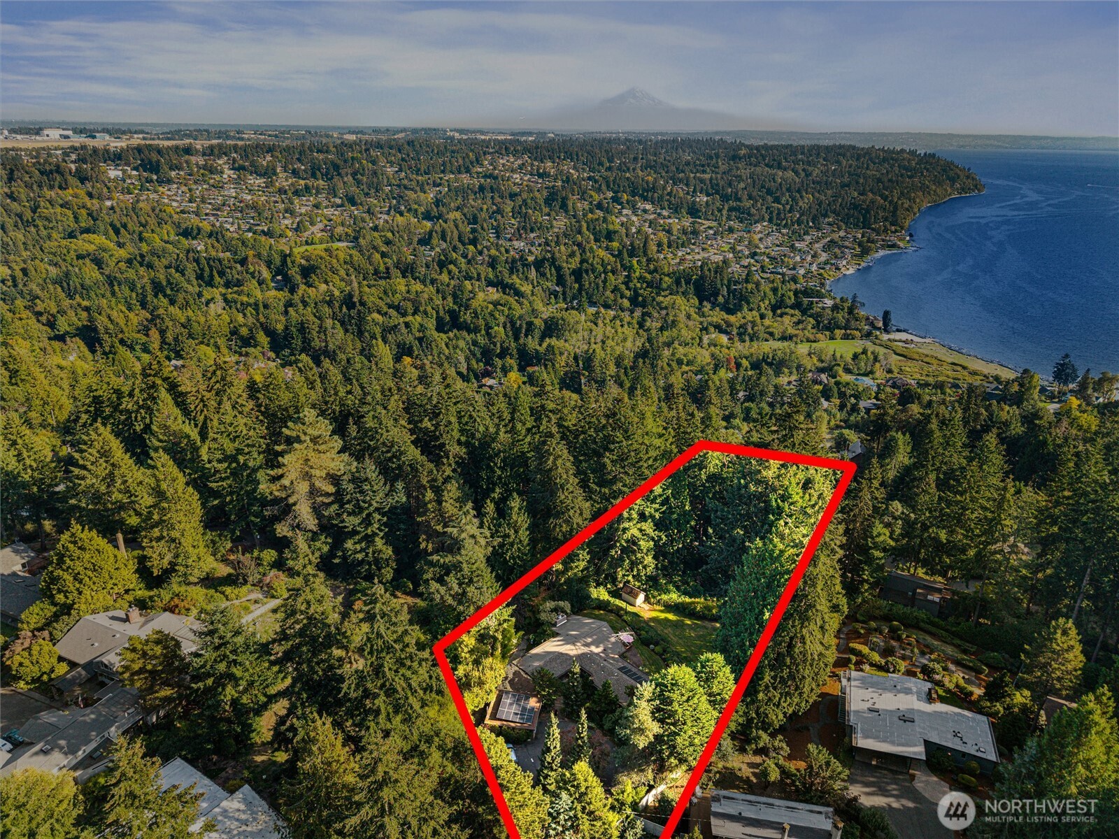 Aerial view of a wooded home lot outlined in red, with water and a distant mountain beyond.
