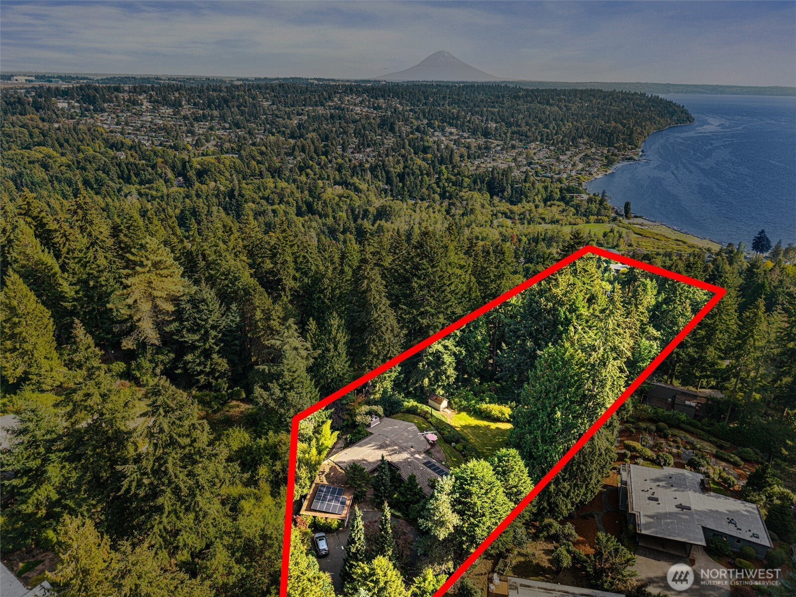 Aerial view of a wooded property outlined in red, with a house, shoreline, and distant mountain.
