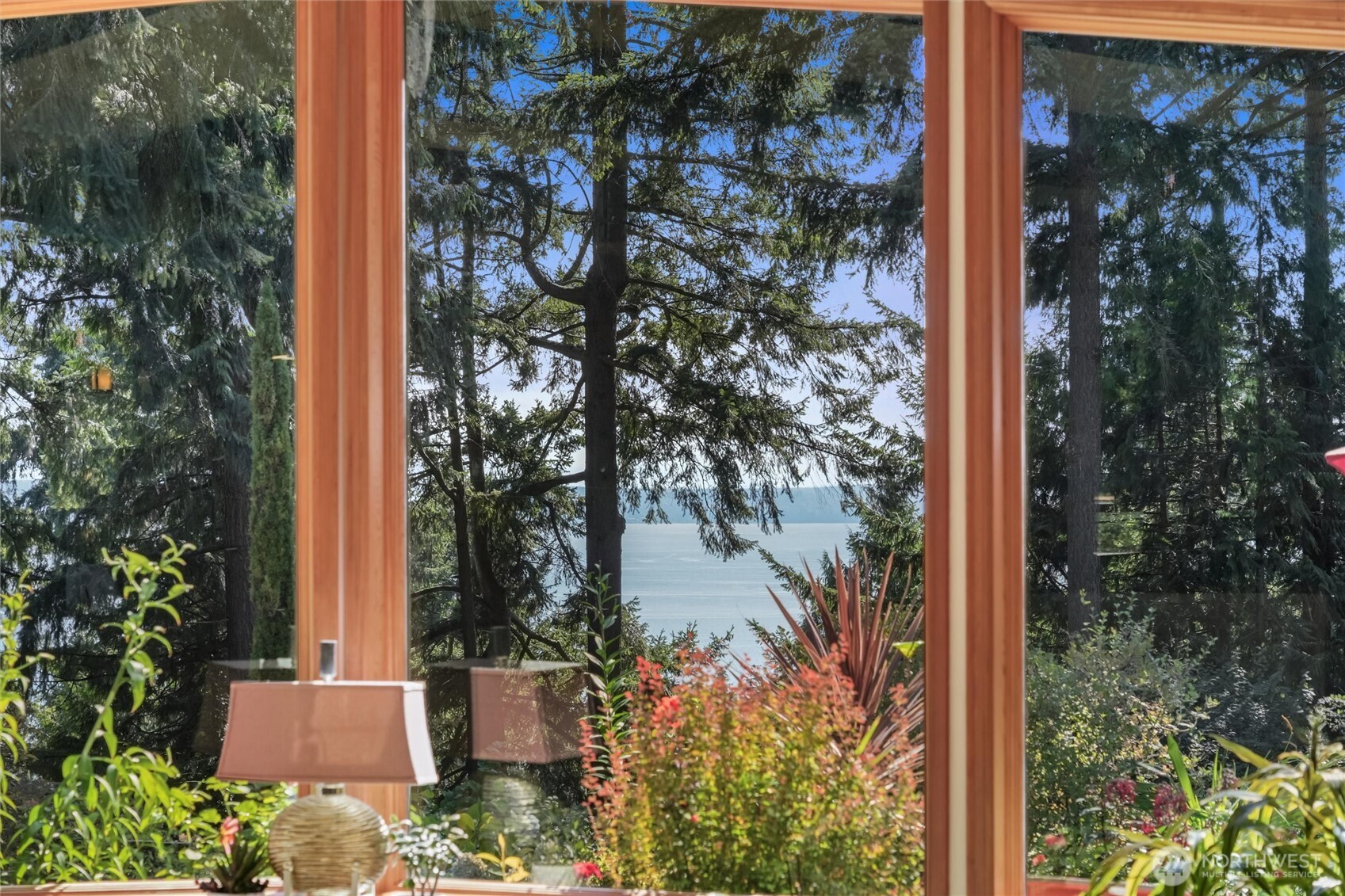 Water view framed by wood-trimmed windows and evergreen trees, with plants and a table lamp in the foreground.
