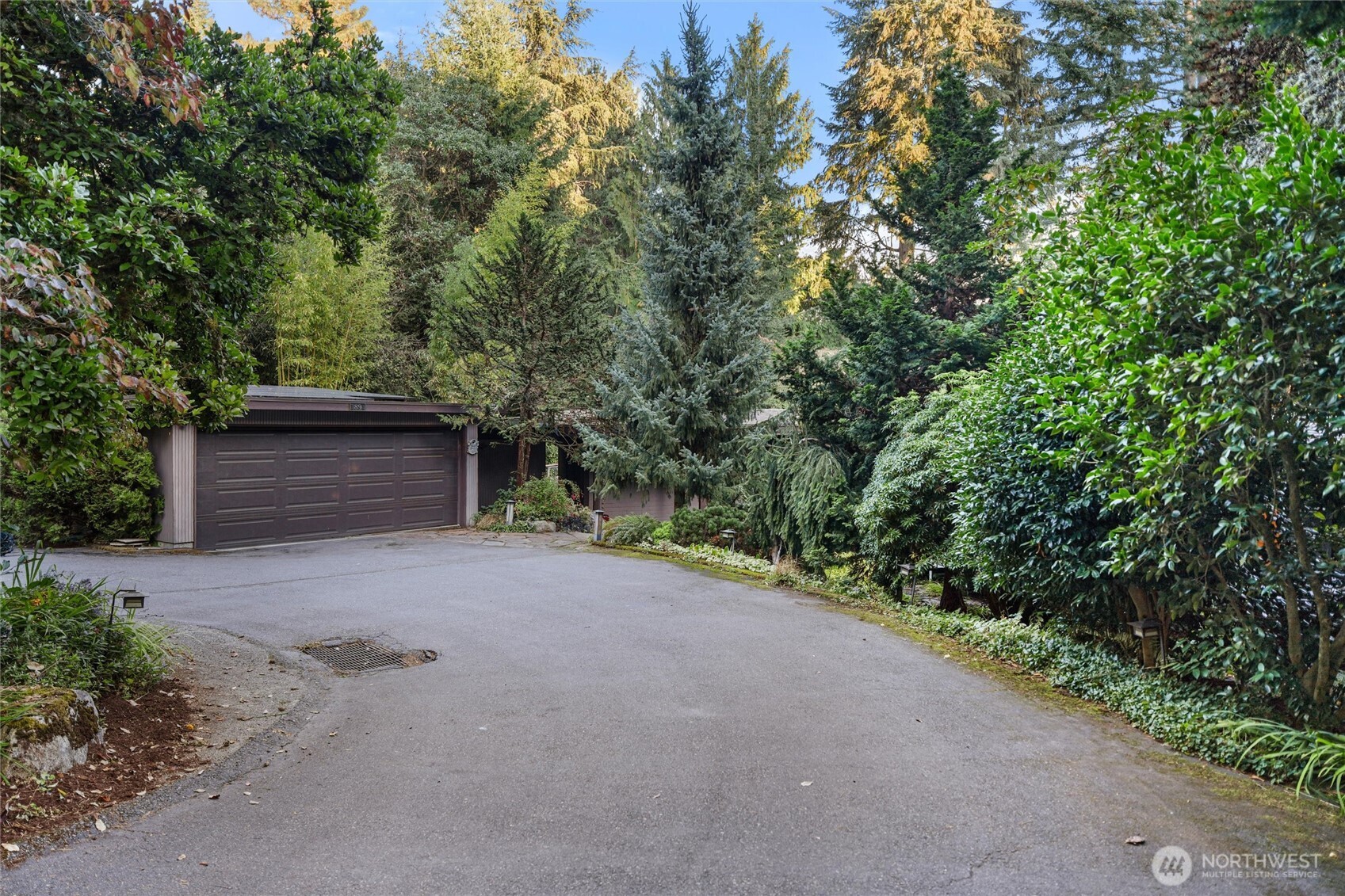 Home entrance with a broad paved driveway, dark double garage, and dense mature landscaping.