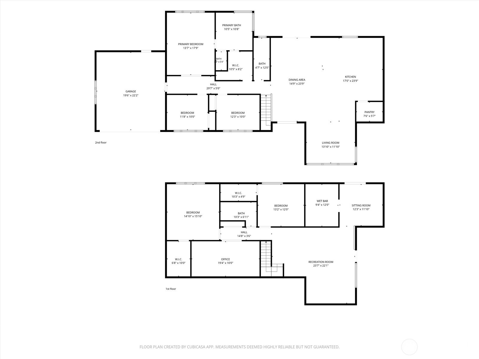 Two-level floor plan showing bedrooms, kitchen, living and dining areas, garage, office, wet bar, and recreation room.