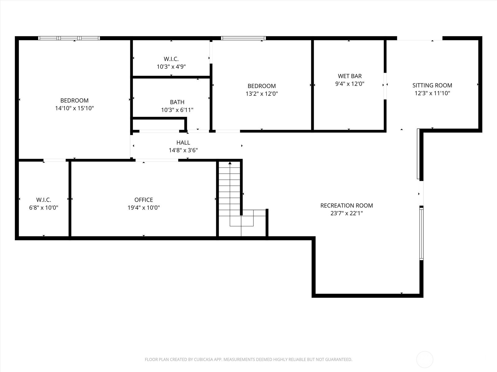 Floor plan with two bedrooms, an office, wet bar, sitting room, and large recreation room.